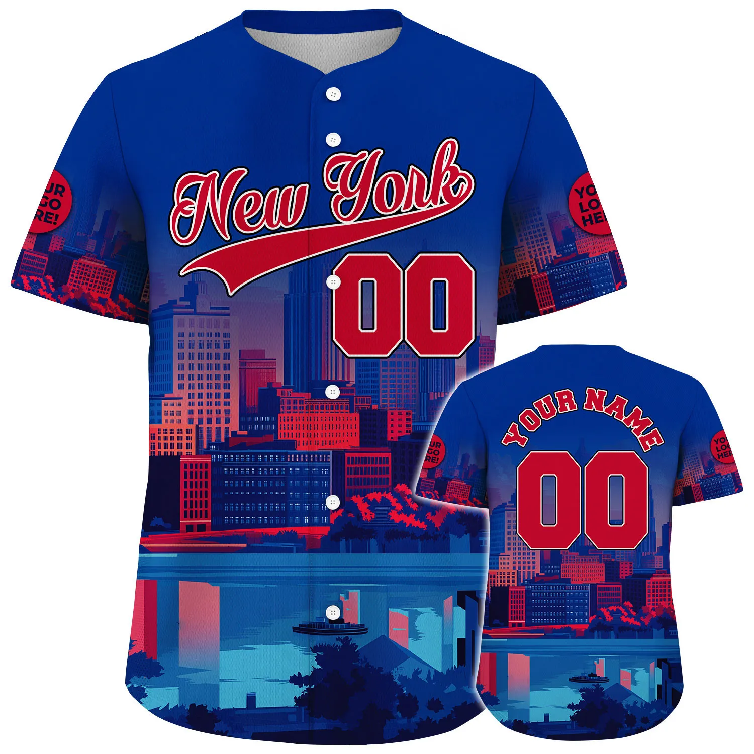 Red Blue New York Empire State Building Bloody Sunset Custom Name Baseball Jerseys For Men & Women