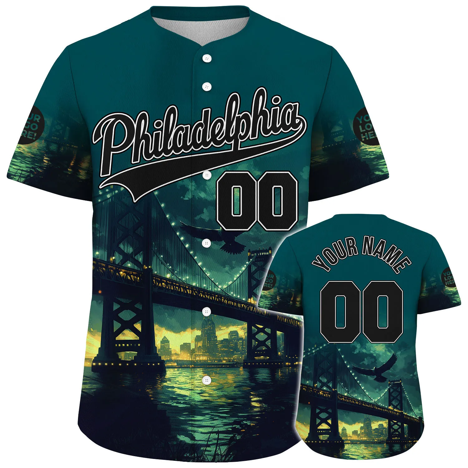 Black Midnight Green Philadelphia Pennsylvania City Fort Pitt Bridge Liberty Place Towers Golden Night Custom Name Baseball Jerseys For Men & Women