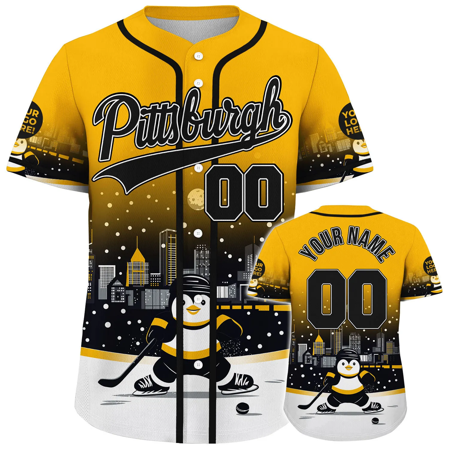 Black Gold Pittsburgh Pennsylvania Hockey Penguin City Night Winter Custom Name Baseball Jerseys For Men & Women