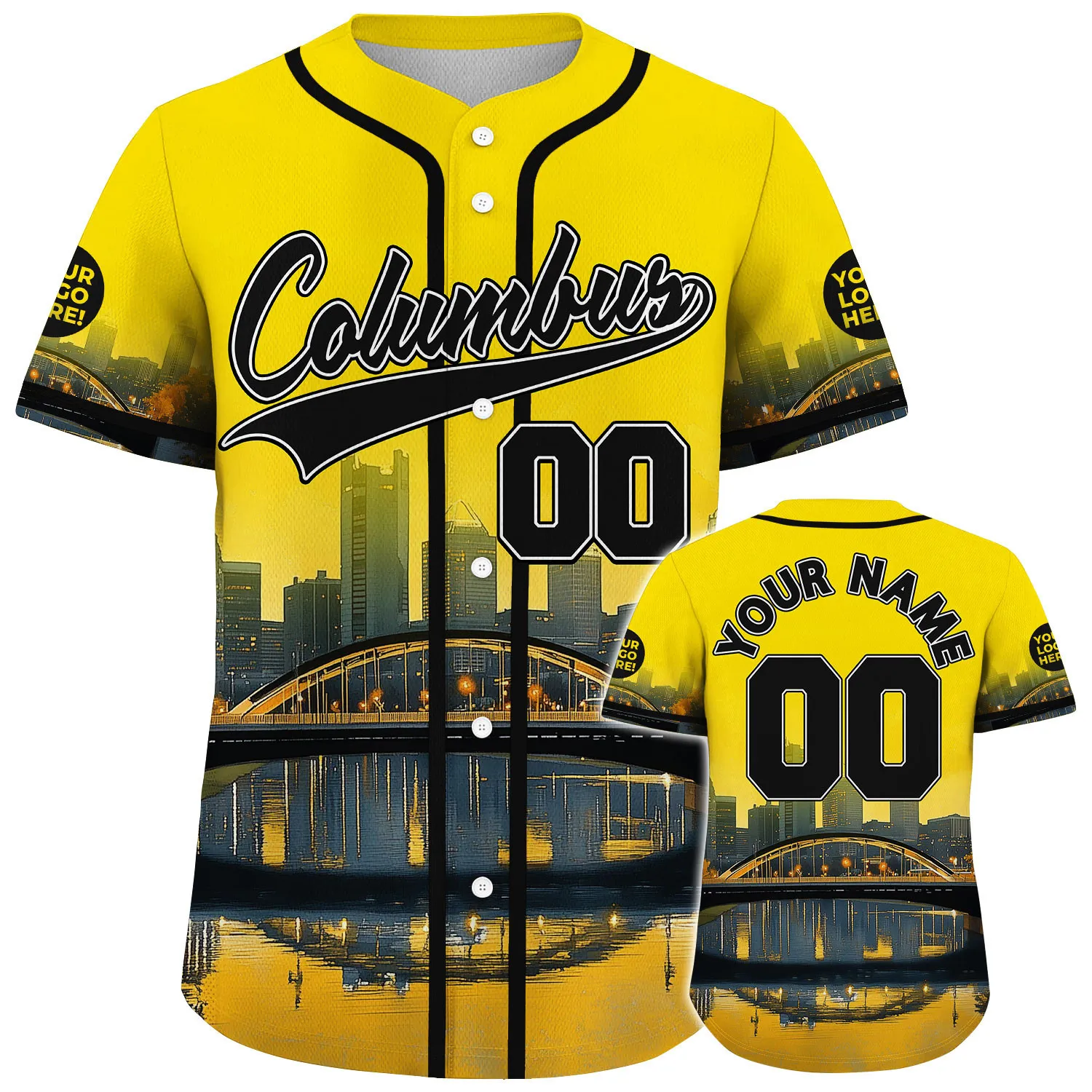 Black Gold Columbus Ohio Main Street Bridge River View Custom Name Baseball Jerseys For Men & Women
