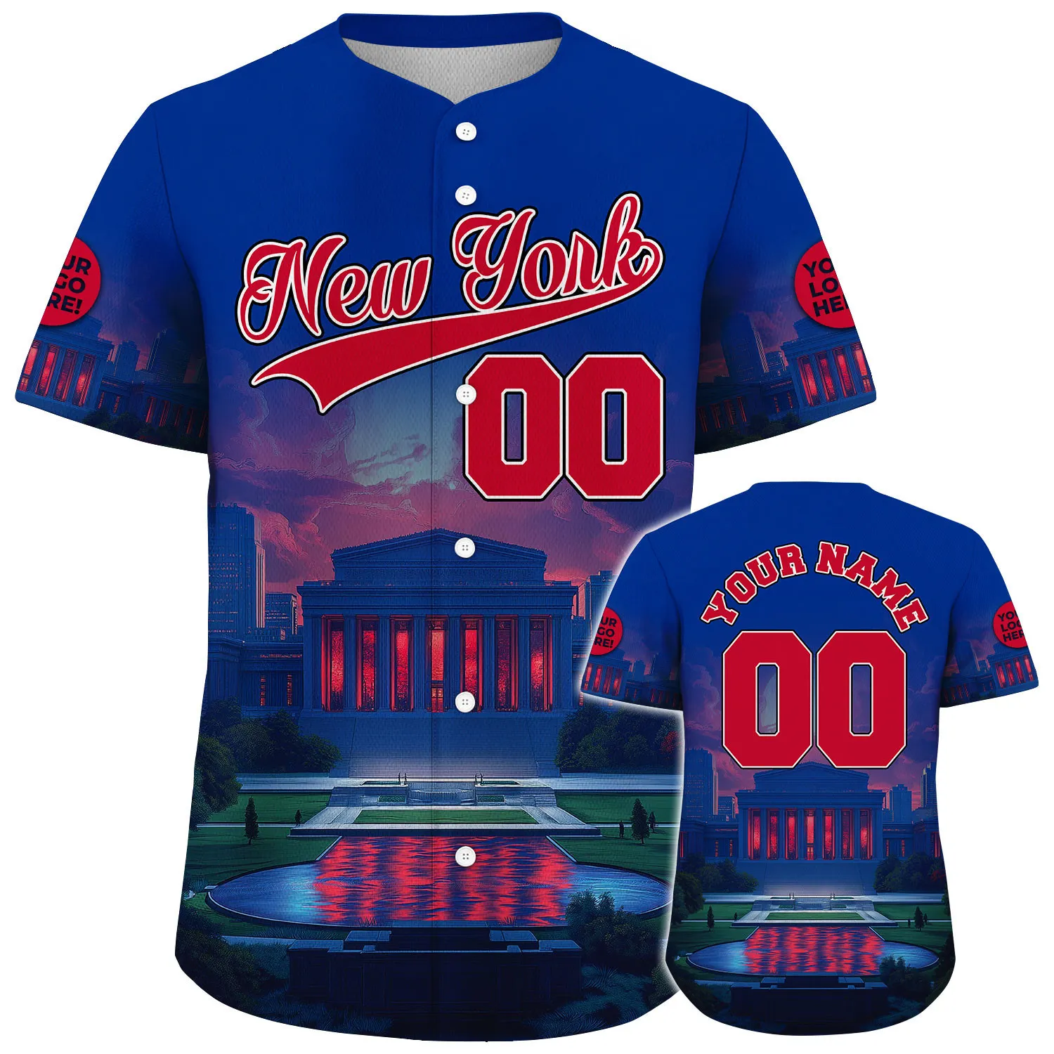 Red Blue New York Lincoln Memorial Peaceful Night Custom Name Baseball Jerseys For Men & Women