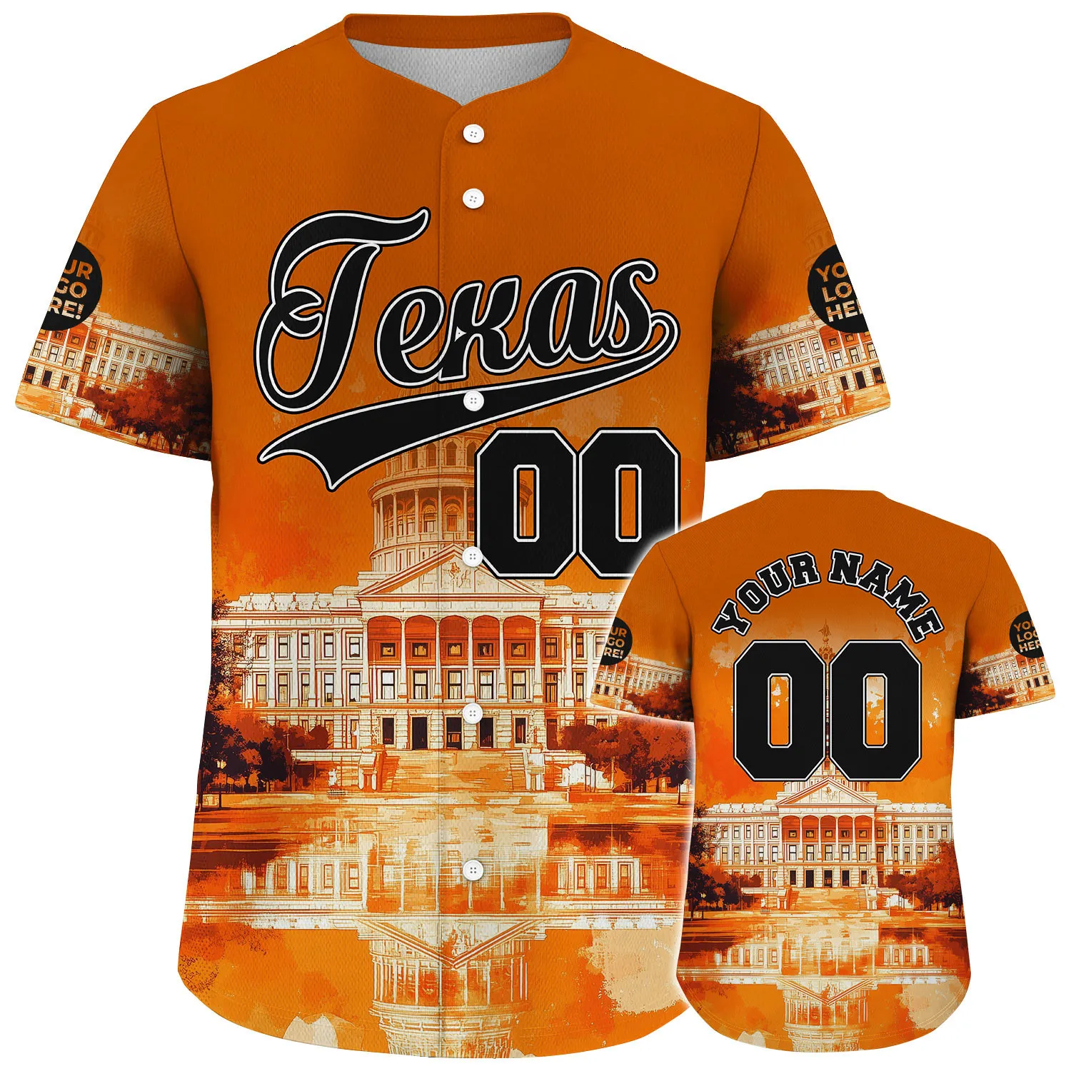 Dark Grey Burnt Orange Texas State Capitol Golden Sunset Custom Name Baseball Jerseys For Men & Women