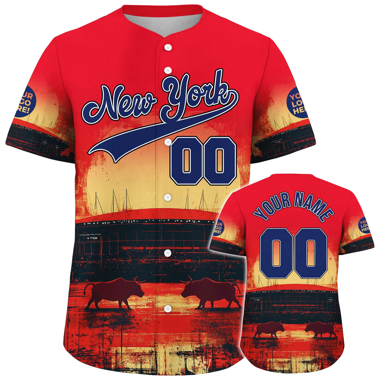 Blue Red New York Bullfighting Area Battle In Burning Sunset Custom Name Baseball Jerseys For Men & Women
