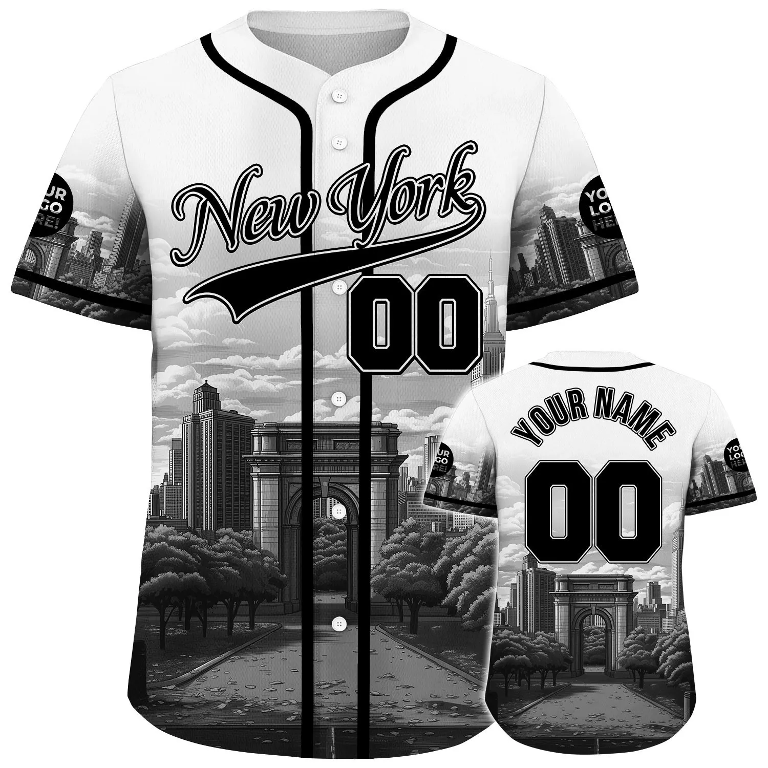 Black White New York Washington Square Arc City Skyline Custom Name Baseball Jerseys For Men & Women