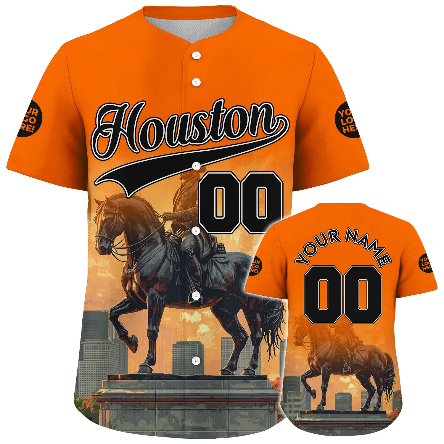 Black Orange Houston Sam Houston Statue Skyline City Backdrop Custom Name Baseball Jerseys For Men & Women