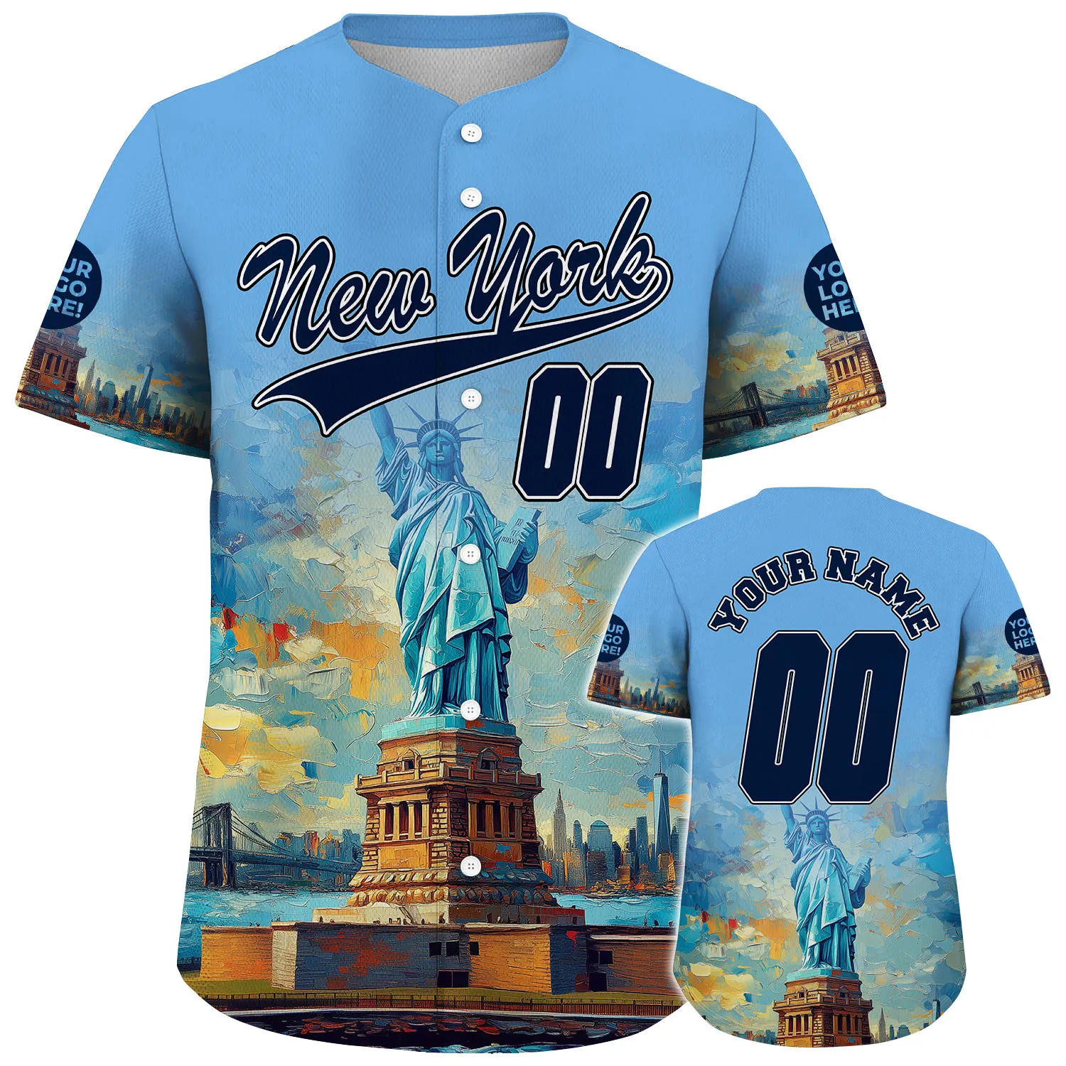 Obsidian Blue Sky Blue New York Statue Of Liberty City Backdrop Oil Painting Custom Name Baseball Jerseys For Men & Women