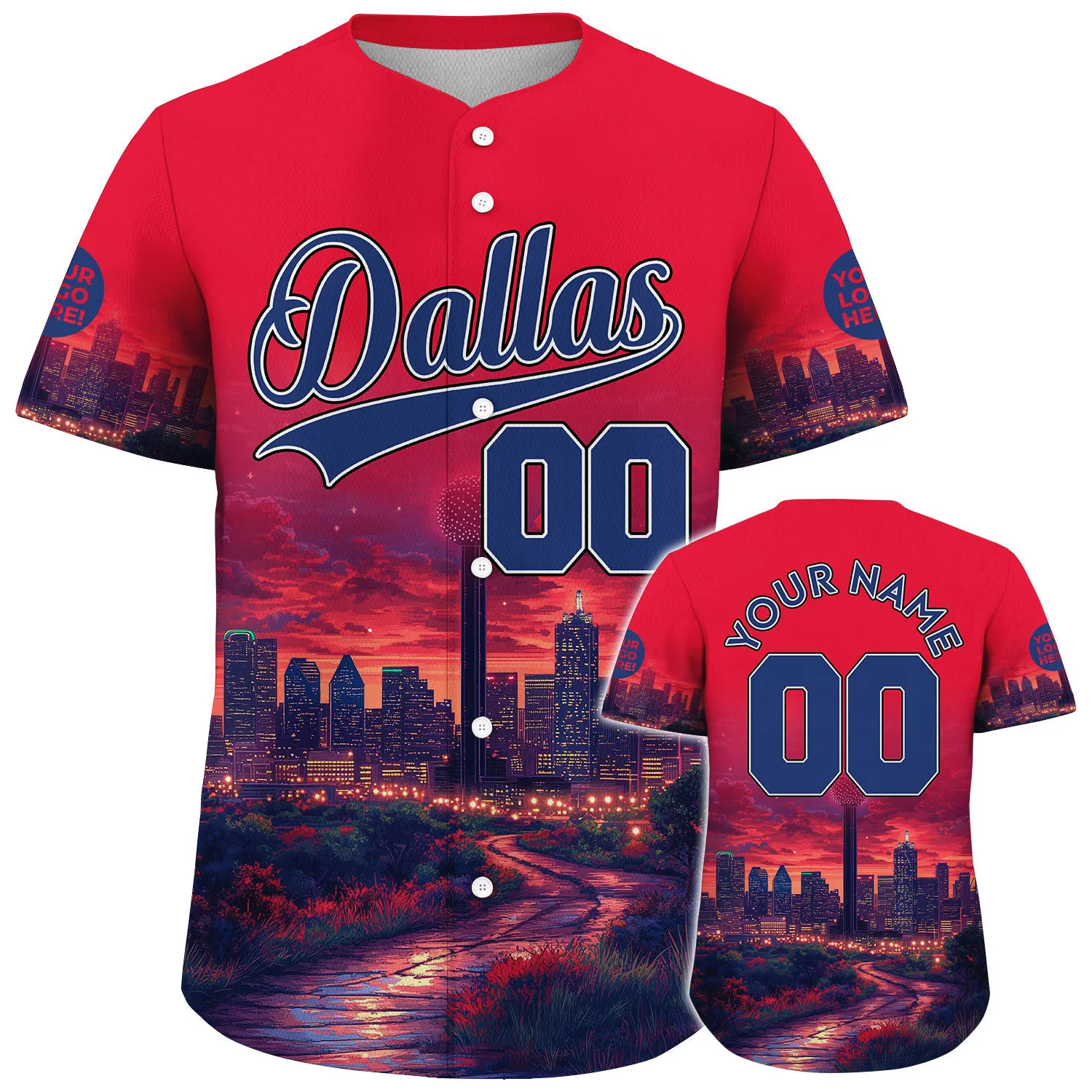 Bovine Blue Republic Red Dallas Texas Reunion Tower City Night Skyline Custom Name Baseball Jerseys For Men & Women