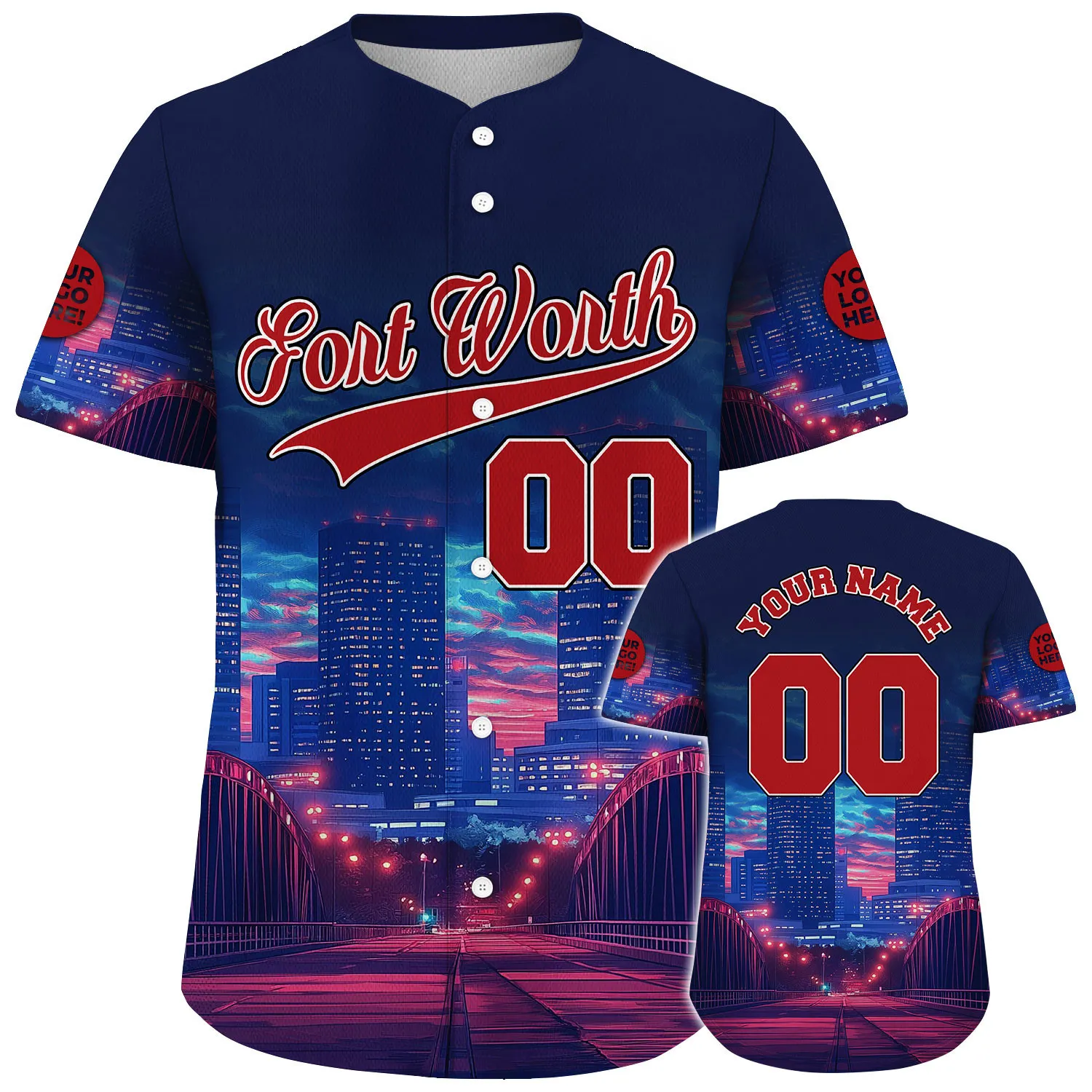 Red Navy Fort Worth Texas West 7th Street Bridge City In Night Custom Name Baseball Jerseys For Men & Women