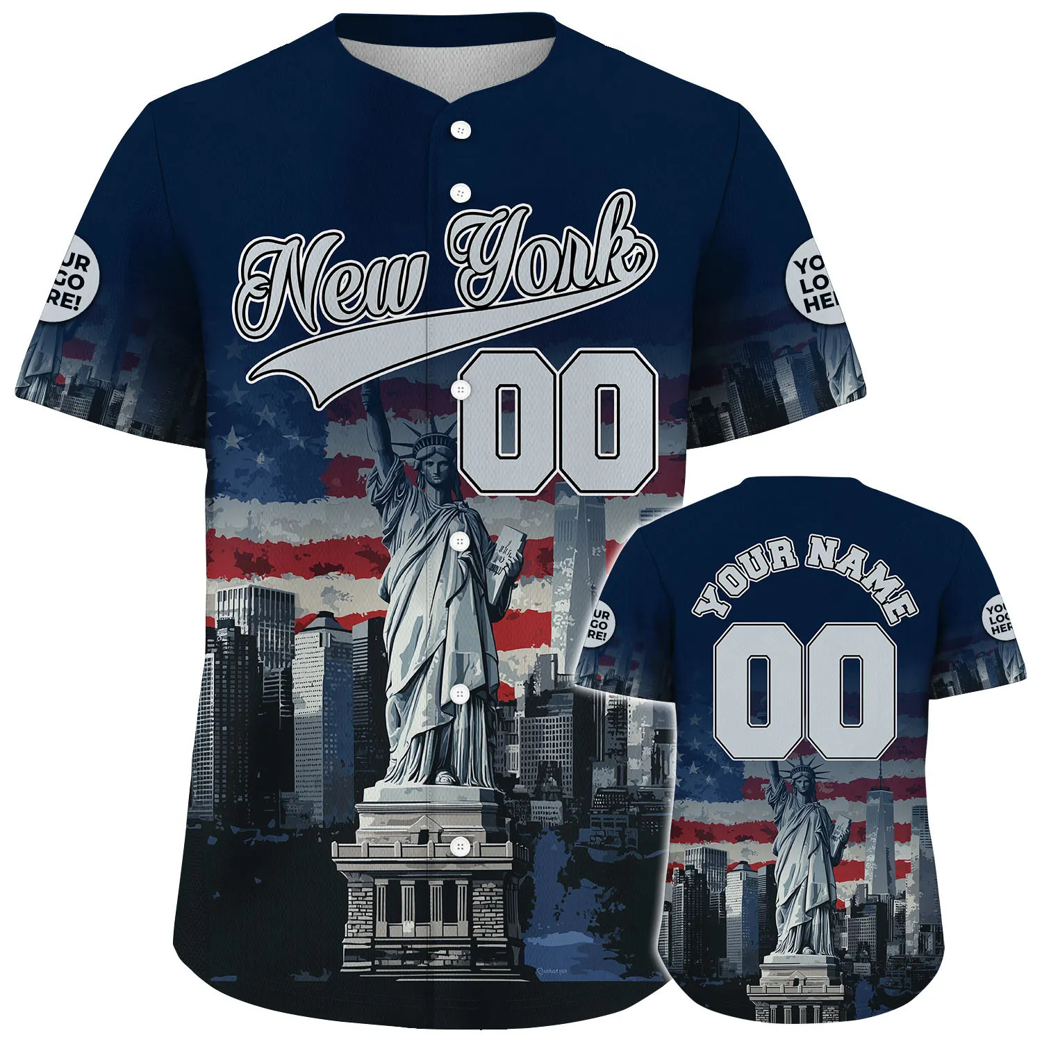 Grey Navy New York Statue Of Liberty American Flag Backdrop Custom Name Baseball Jerseys For Men & Women