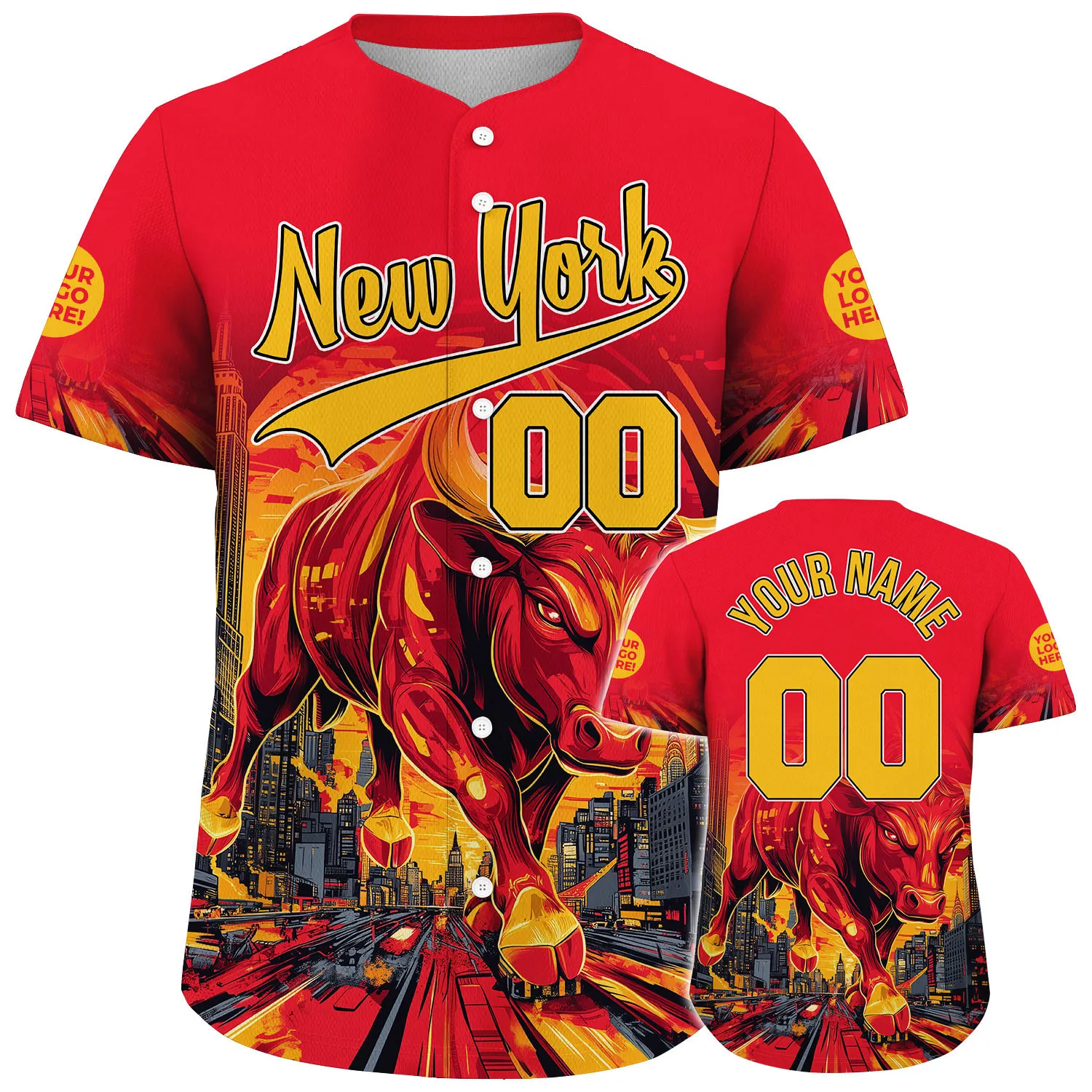 Yellow Red New York Fire Bull Destroy City Custom Name Baseball Jerseys For Men & Women