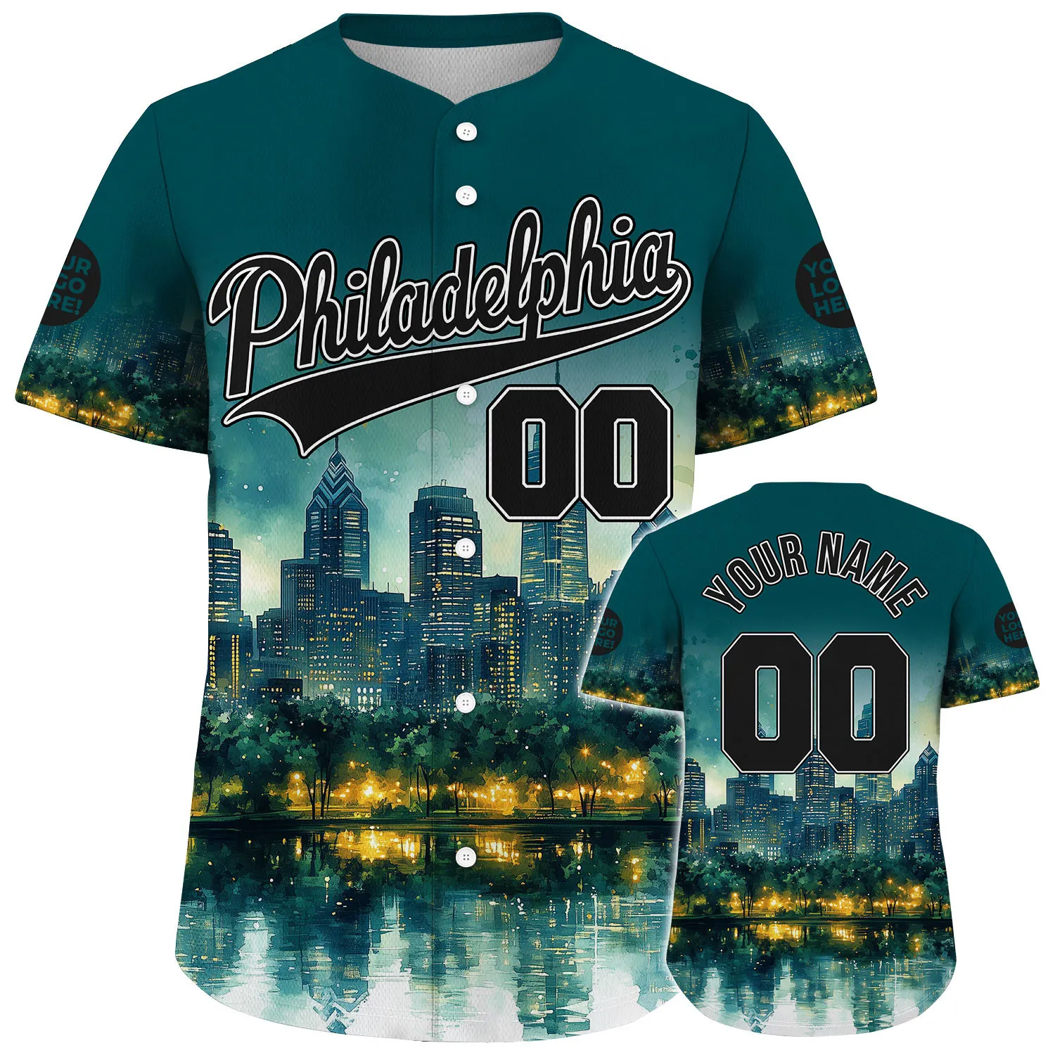 Black Midnight Green Philadelphia Pennsylvania Liberty Place Towers Night Light Custom Name Baseball Jerseys For Men & Women