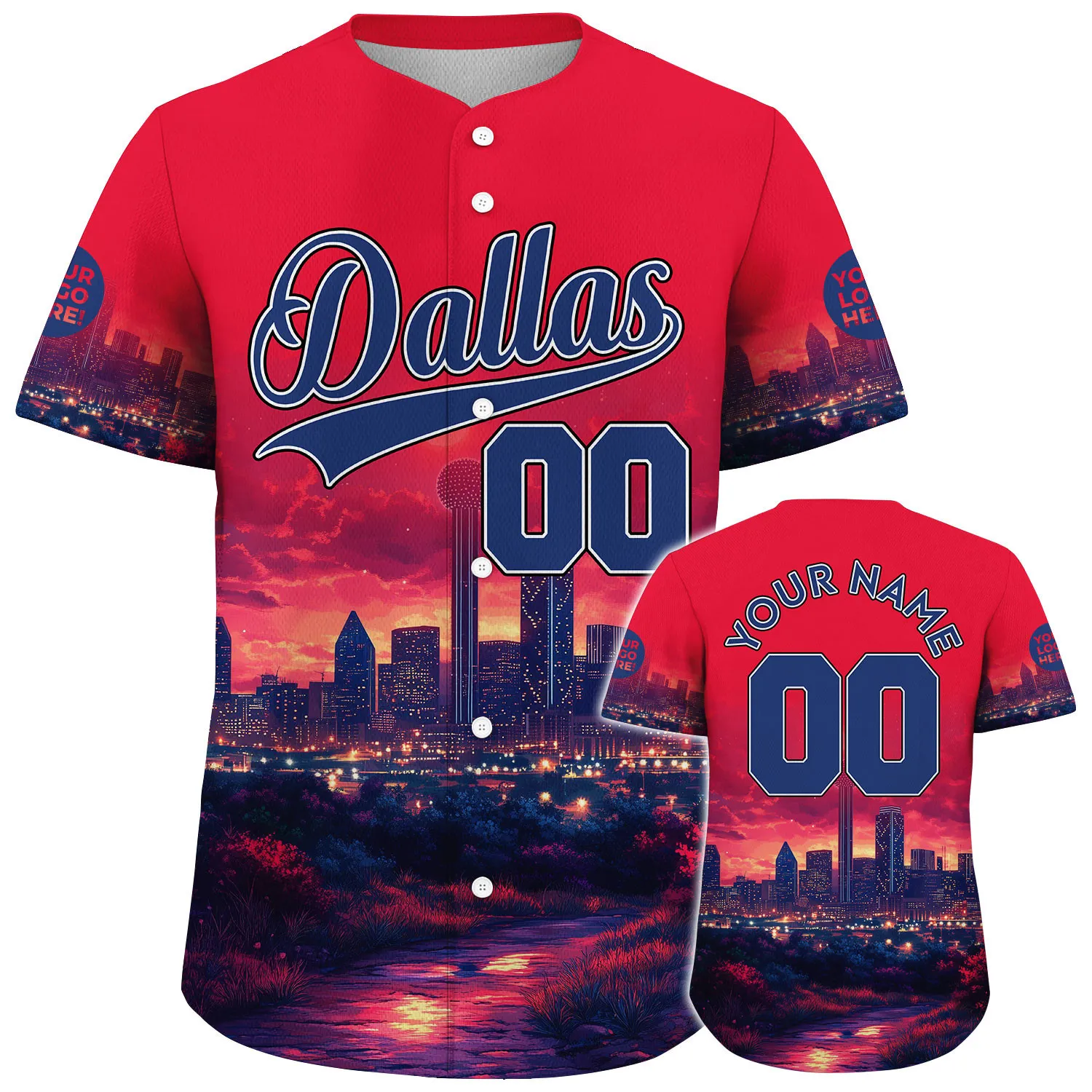 Bovine Blue Republic Red Dallas Texas Reunion Tower Night Of Light Custom Name Baseball Jerseys For Men & Women
