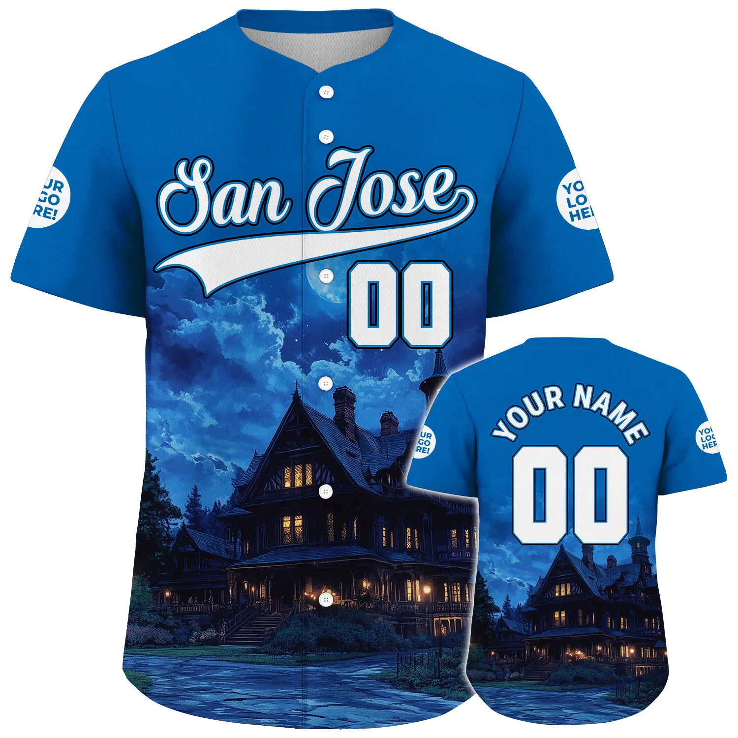 White Blue San Jose Winchester Mystery House Scary Night Custom Name Baseball Jerseys For Men & Women