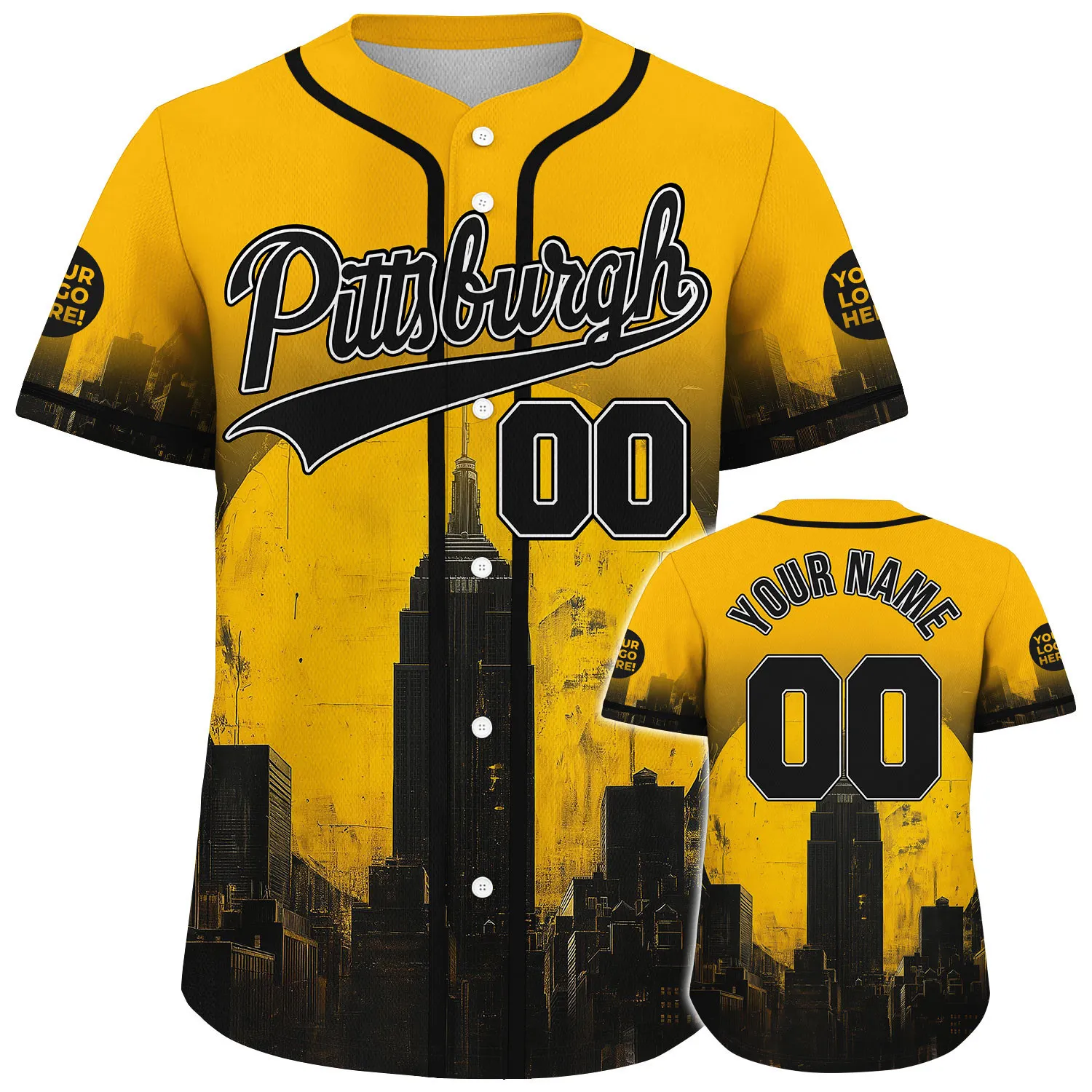 Black Gold Pittsburgh Pennsylvania Gulf Tower Shadow Custom Name Baseball Jerseys For Men & Women