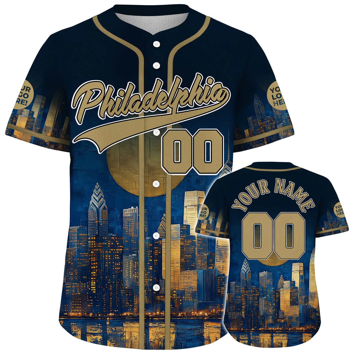 Gold Navy Philadelphia Pennsylvania Liberty Place Tower Night Light Full Moon Custom Name Baseball Jerseys For Men & Women