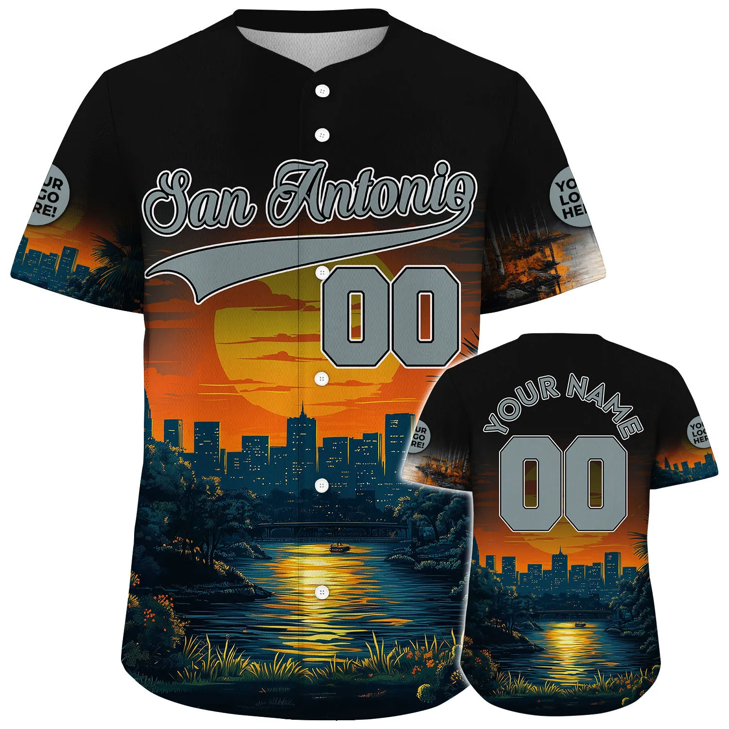 Silver Black San Antonio Texas City Sunset River View Custom Name Baseball Jerseys For Men & Women