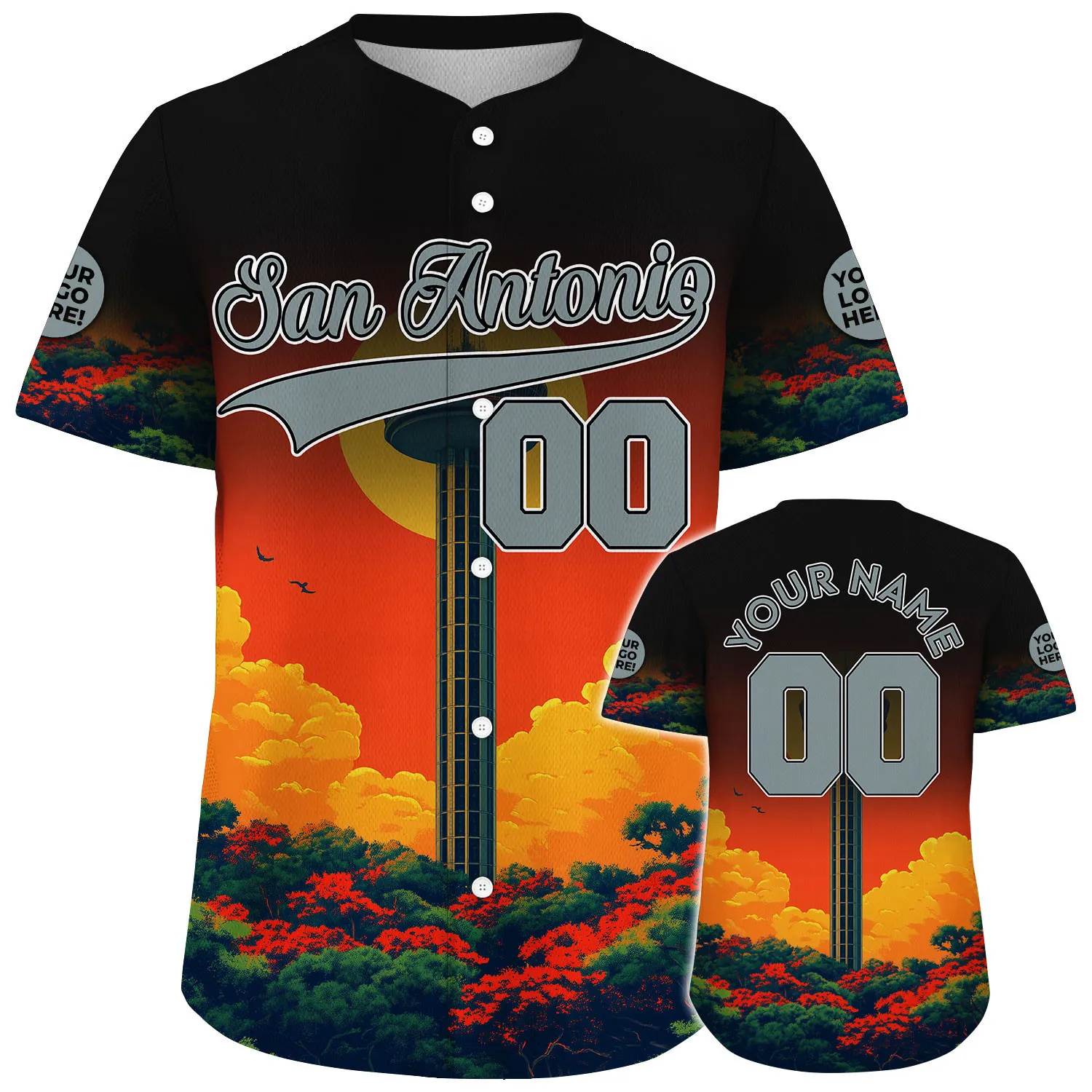 Silver Black San Antonio Texas Reunion Tower Red Skyline Custom Name Baseball Jerseys For Men & Women