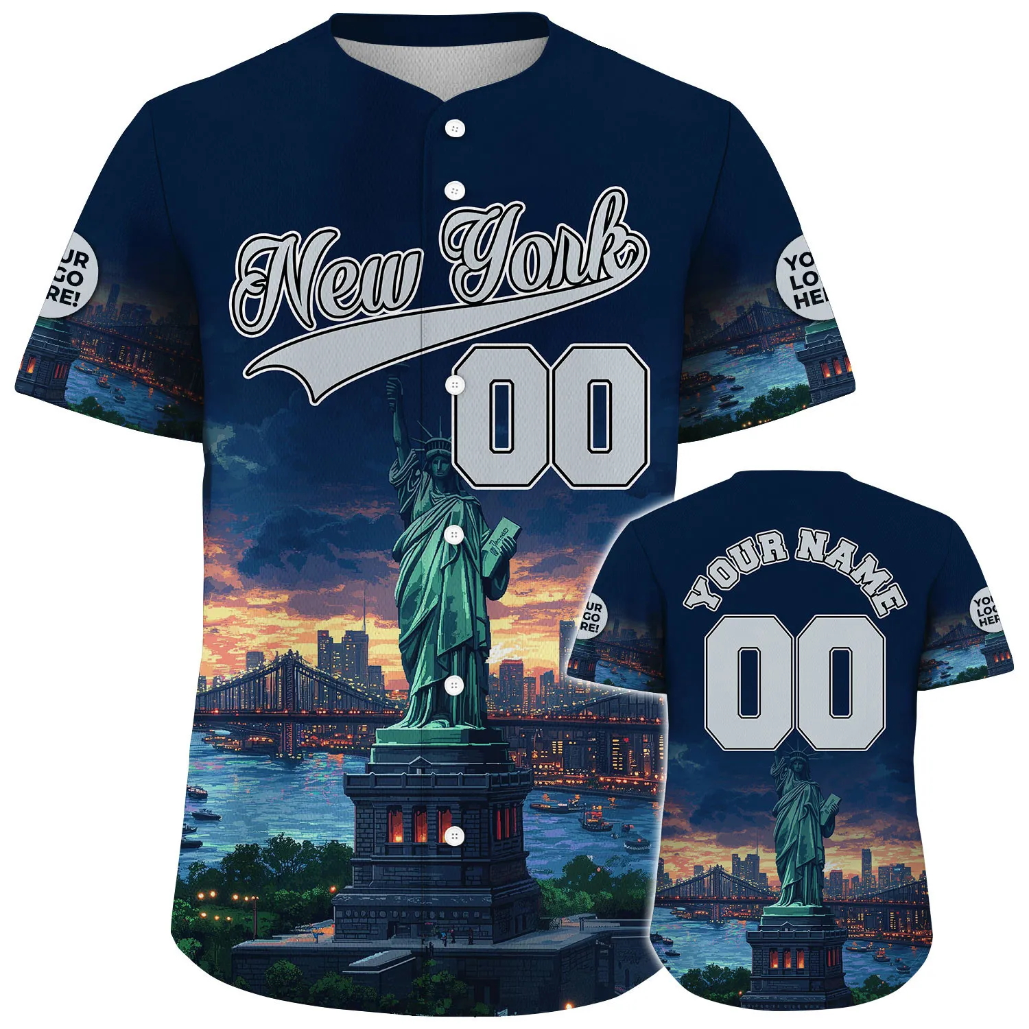 Grey Navy New York Statue Of Liberty Brooklyn Bridge Urban Skyline Sunset Custom Name Baseball Jerseys For Men & Women