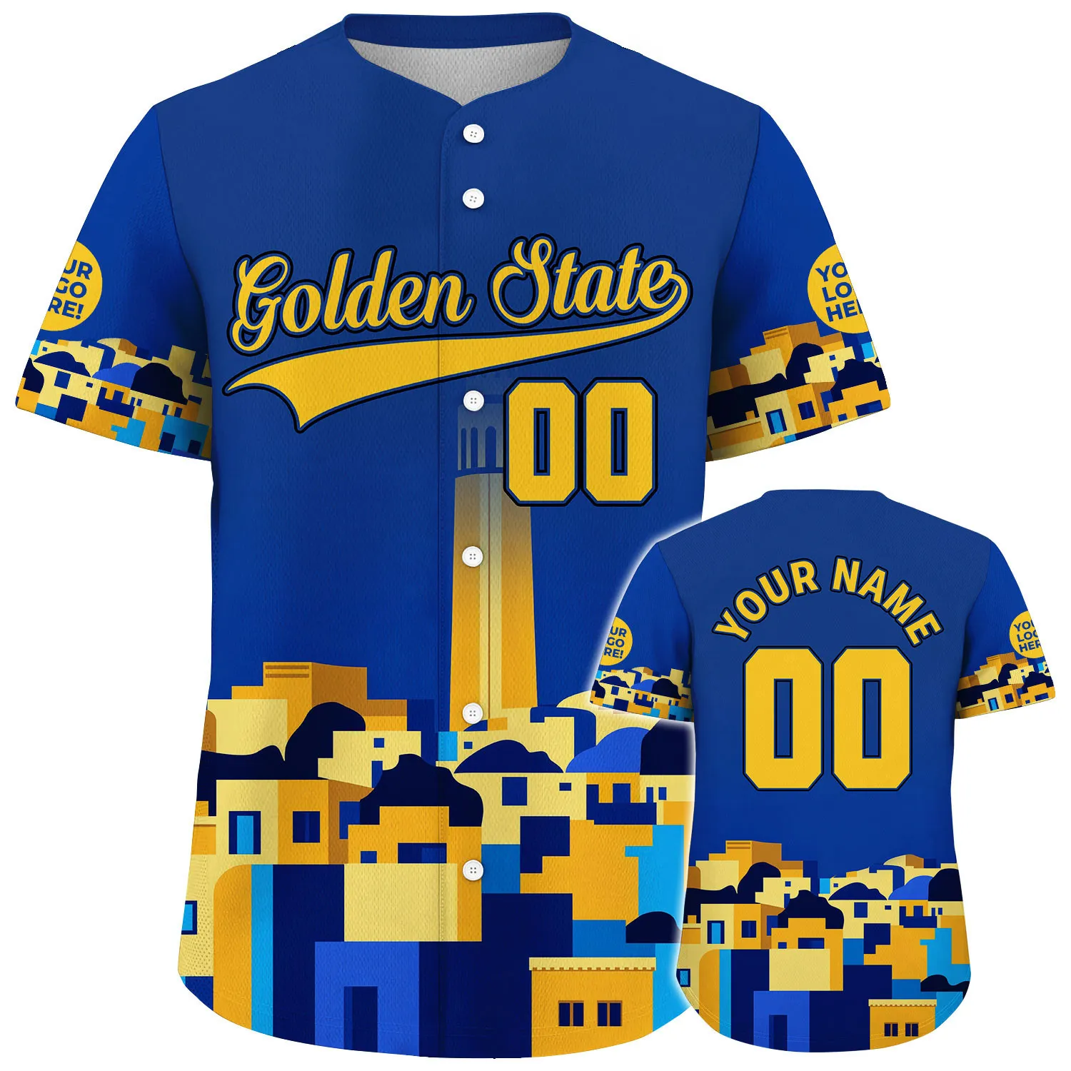 Golden Warrior Blue Golden State Coit Tower Custom Name Baseball Jerseys For Men & Women