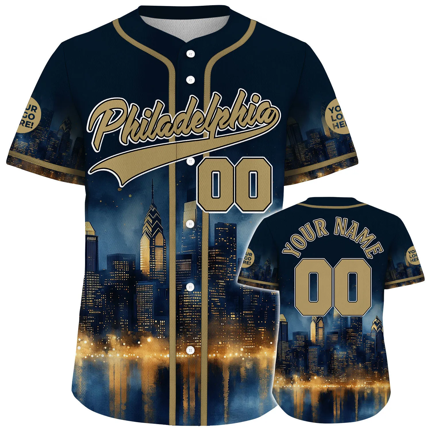 Gold Navy Philadelphia Pennsylvania Liberty Place Tower Night Light Custom Name Baseball Jerseys For Men & Women