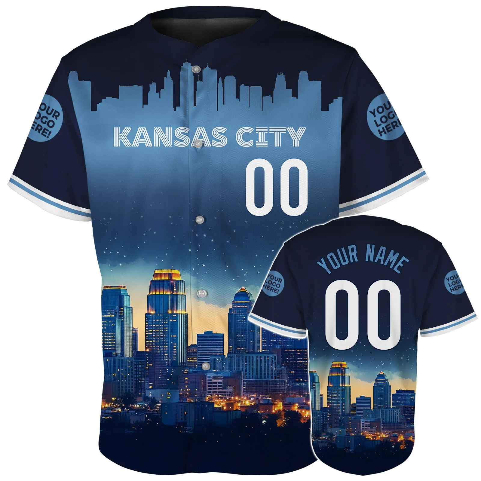 Kansas City Skyline At Night Custom Name Baseball Jerseys For Men & Women