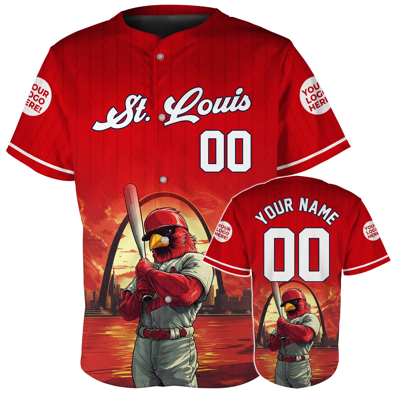 St. Louis Mascot Cardinal Player City Skyline Custom Name Baseball Jerseys For Men & Women