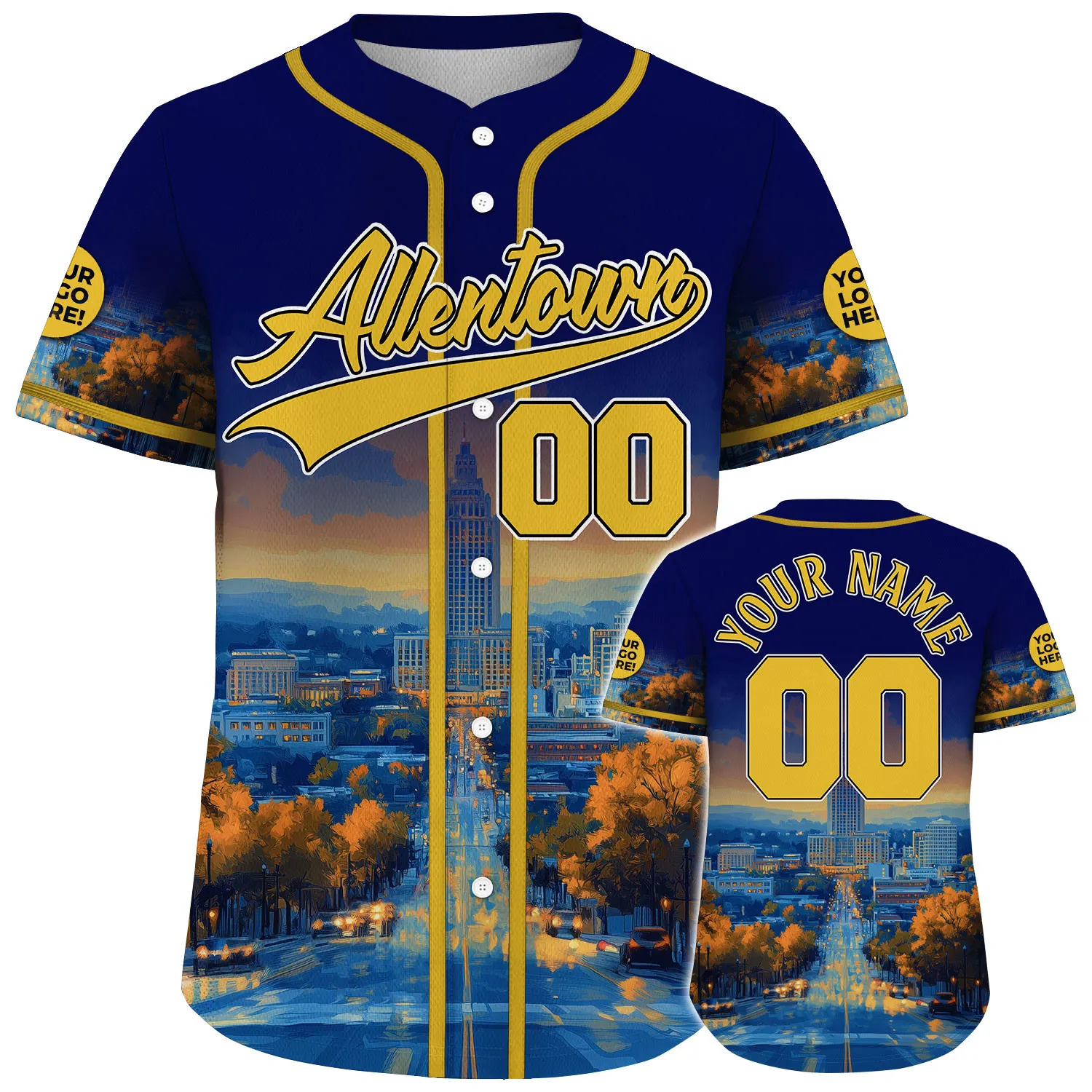 Gold Navy Allentown Pennsylvania PNC Bank Building Maple Avenue Custom Name Baseball Jerseys For Men & Women