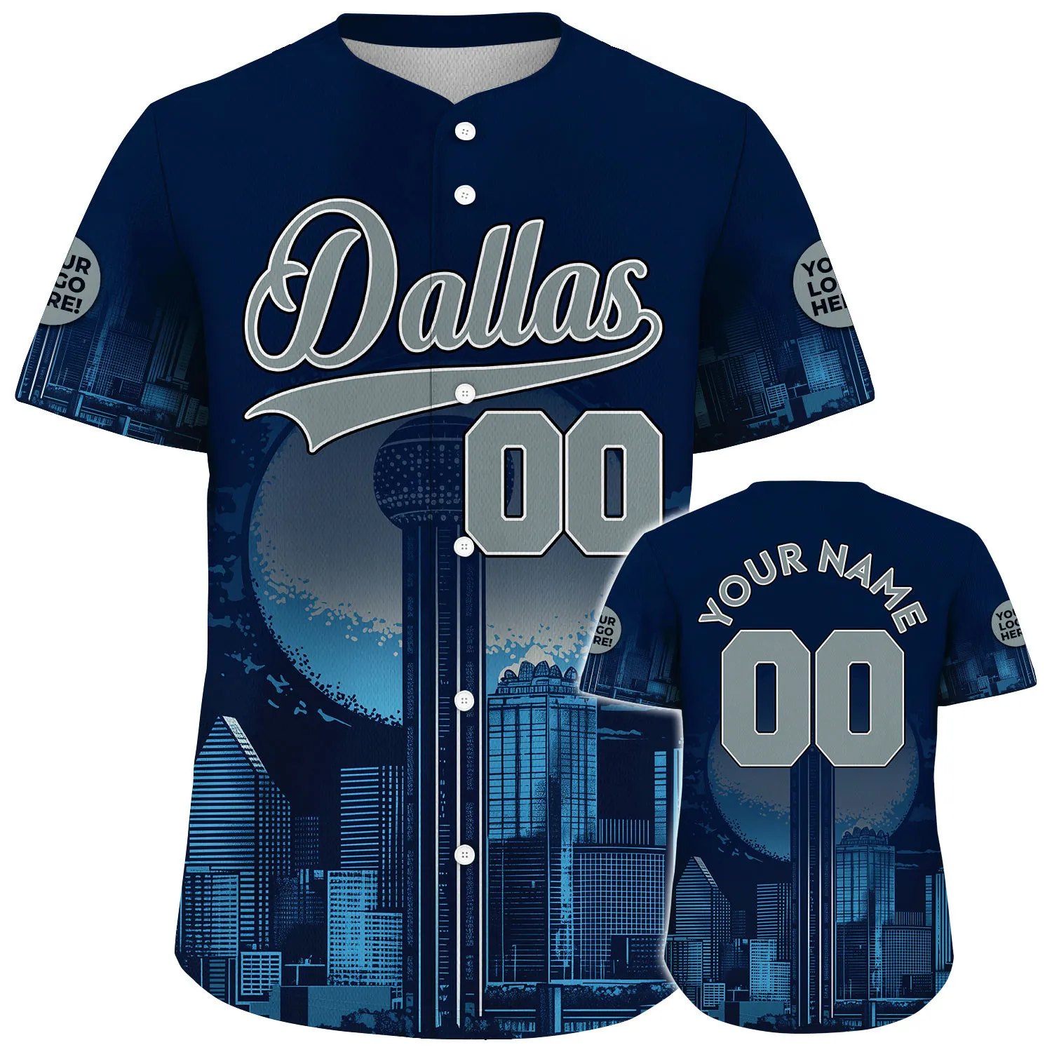 Silver Navy Dallas Reunion Tower Fullmoon Night Custom Name Baseball Jerseys For Men & Women