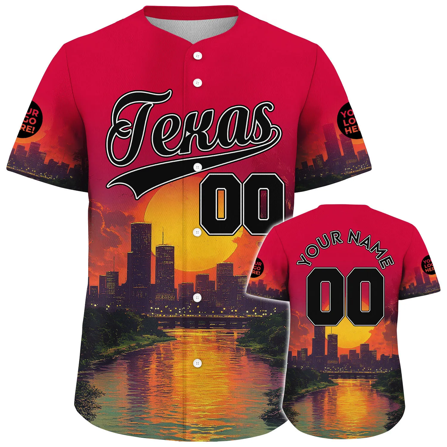 Black Red Texas City Sunset River View Custom Name Baseball Jerseys For Men & Women