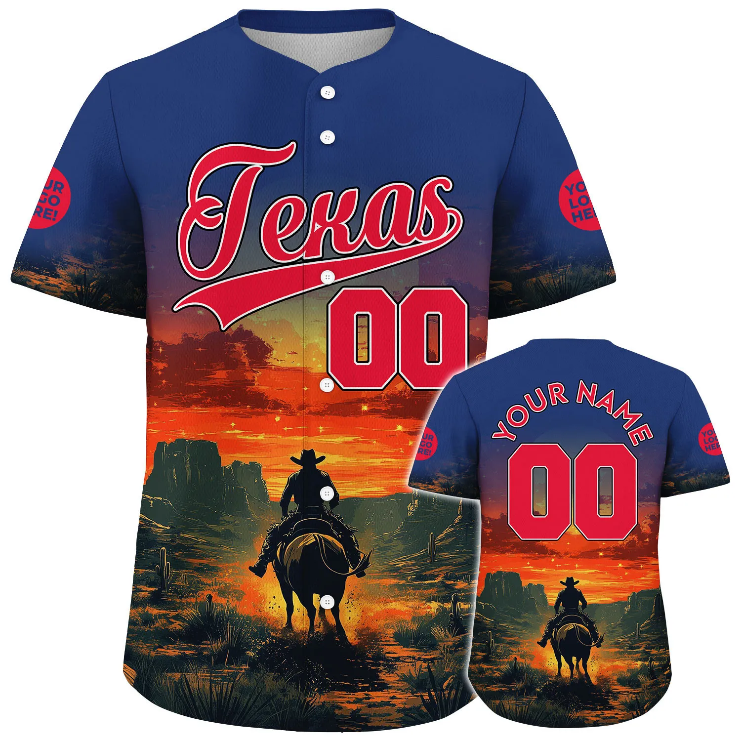 Republic Red Bovine Blue Texas Cowboy In Desert Starry Night Custom Name Baseball Jerseys For Men & Women