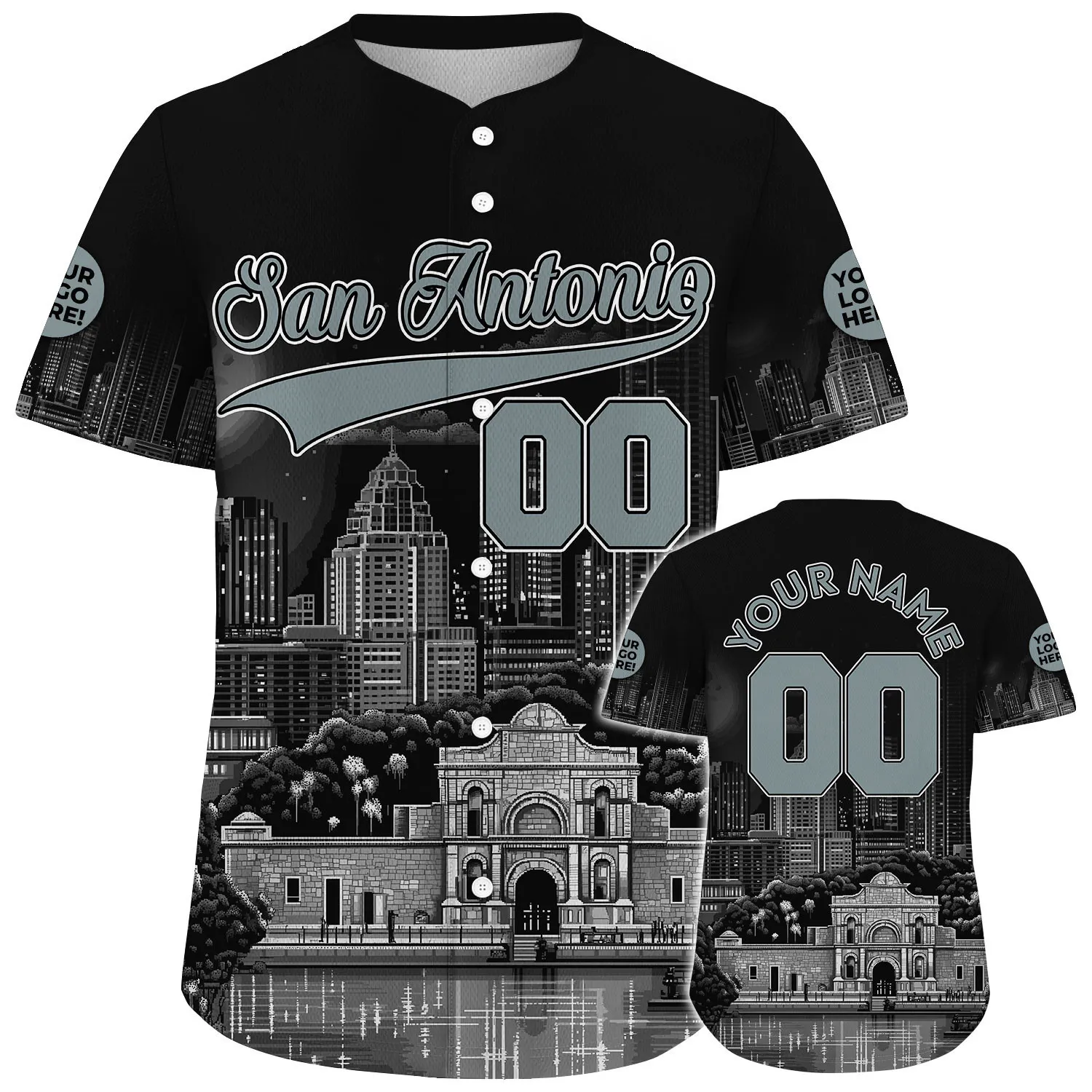 Silver Black San Antonio Texas Alamo City Backdrop Custom Name Baseball Jerseys For Men & Women