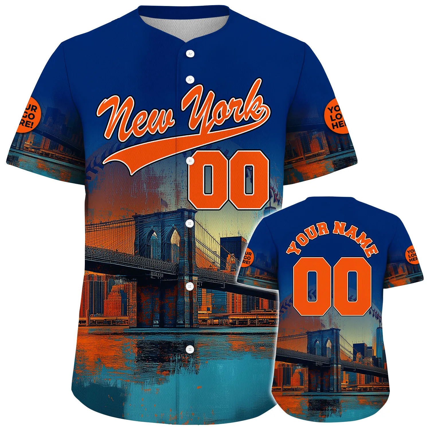 Orange Navy New York Brooklyn Bridge River View Custom Name Baseball Jerseys For Men & Women