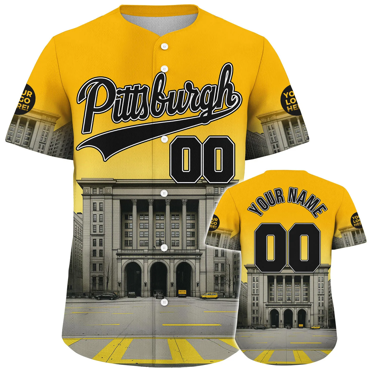 Black Gold Pennsylvania Pittsburgh Union Trust Building Sunset Custom Name Baseball Jerseys For Men & Women