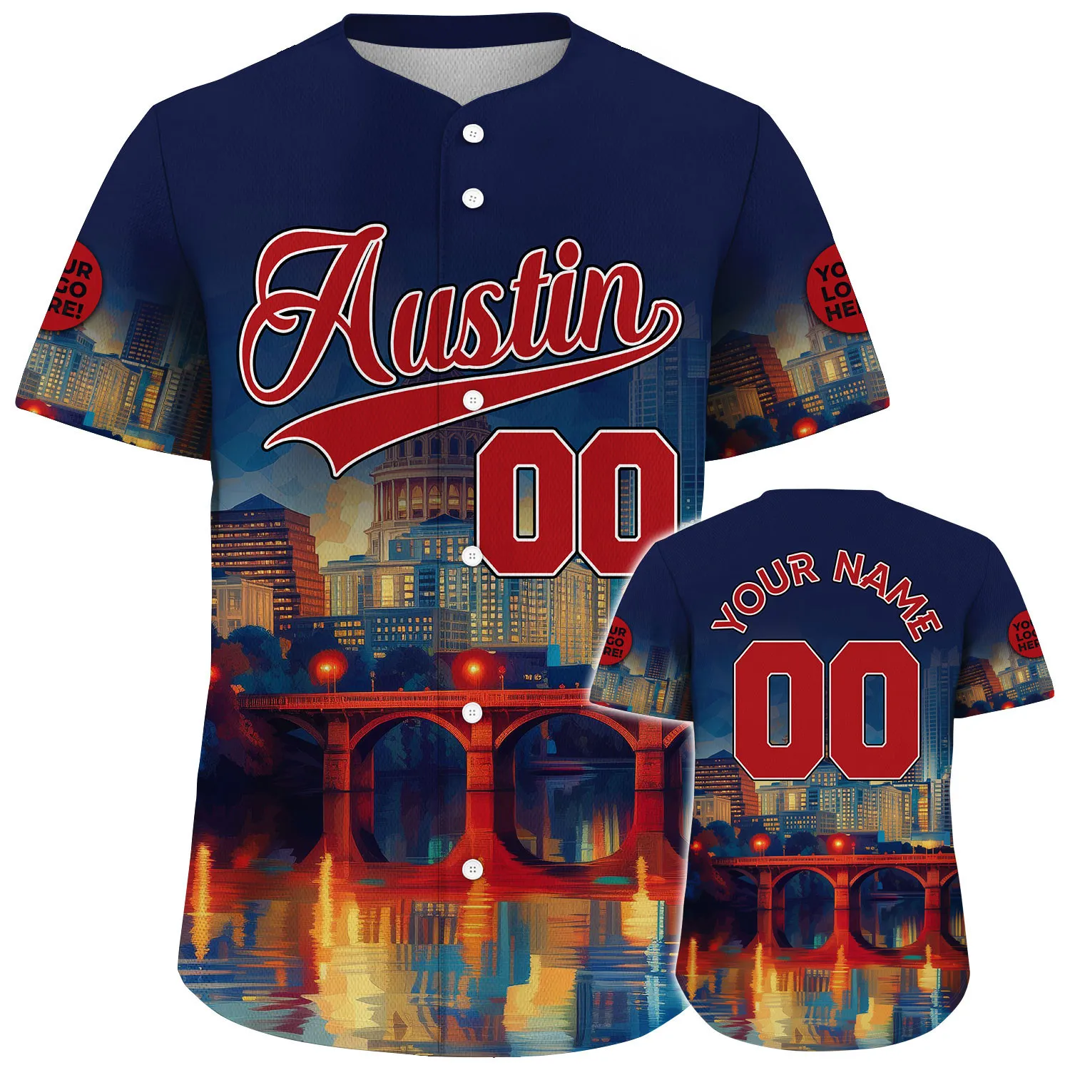 Red Navy Austin Texas Congress Avenue Bridge River View Custom Name Baseball Jerseys For Men & Women