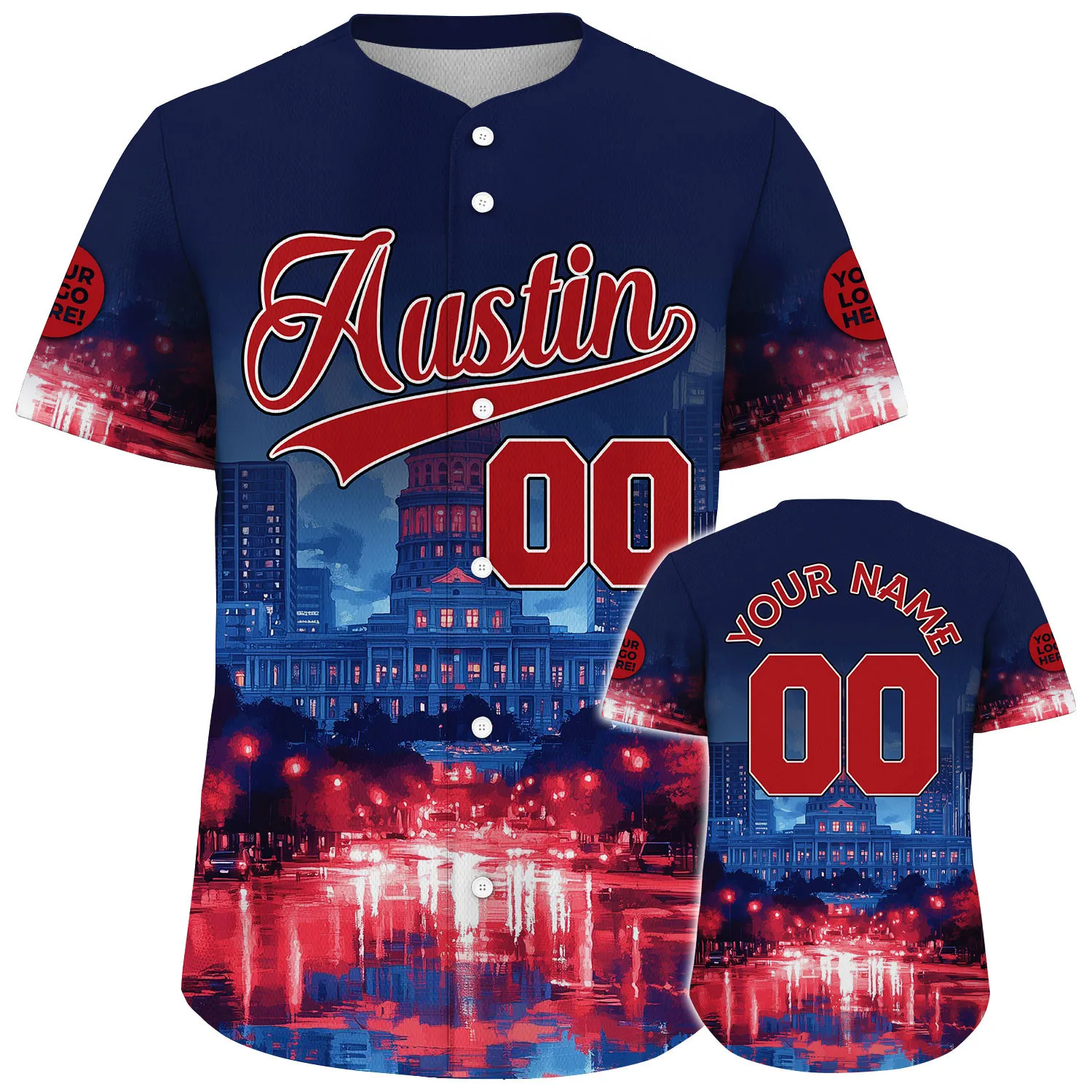 Red Navy Austin Texas State Capitol Redlight Night Custom Name Baseball Jerseys For Men & Women