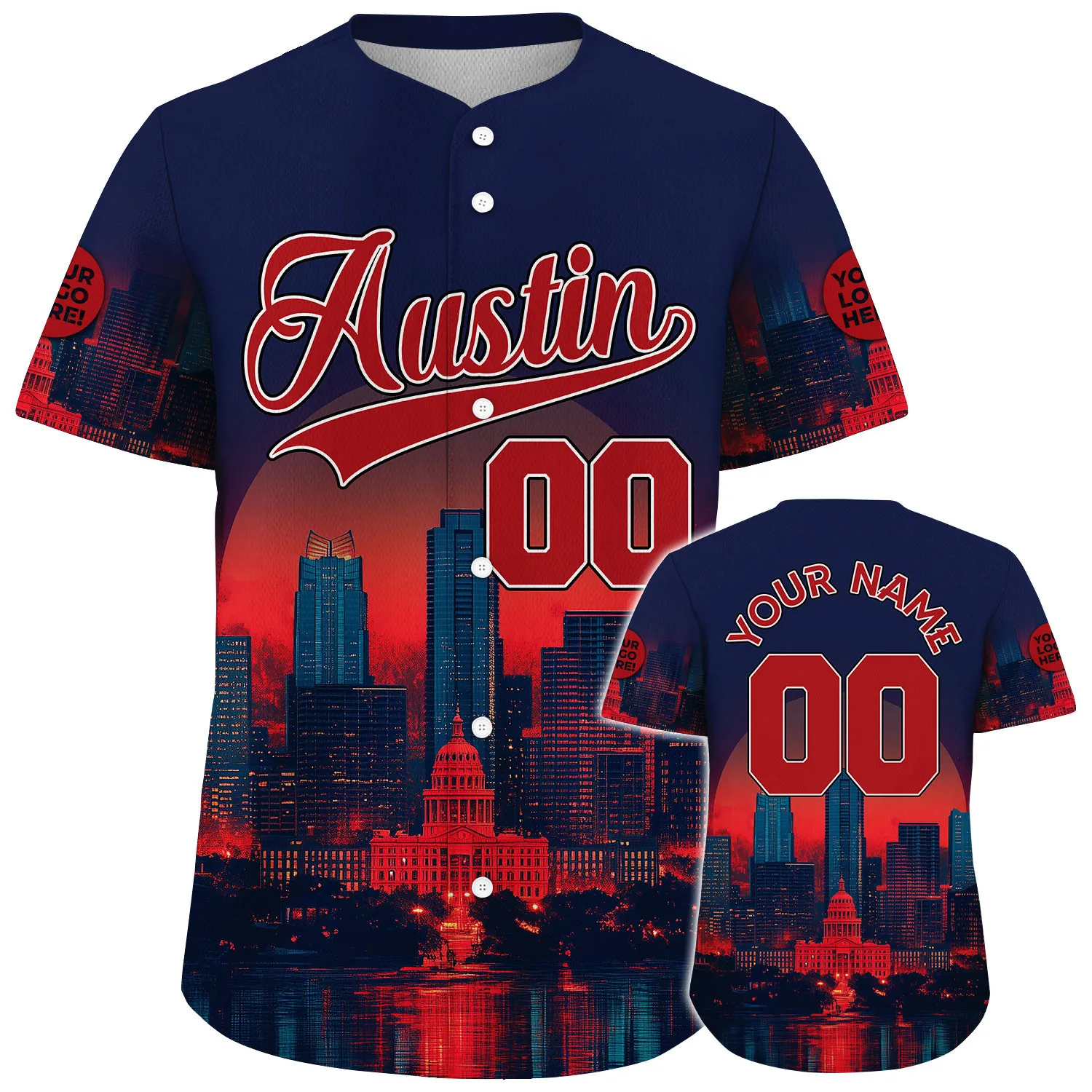 Red Navy Austin Texas State Capitol Avenue In Night City Backdrop Custom Name Baseball Jerseys For Men & Women