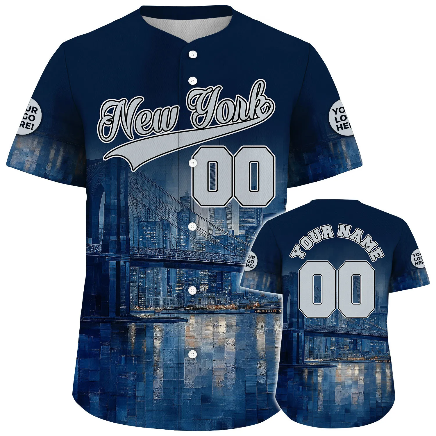 Grey Navy New York Brooklyn Bridge Tranquil Night Custom Name Baseball Jerseys For Men & Women