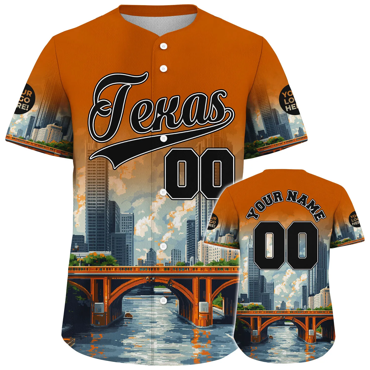Dark Grey Burnt Orange Texas Congress Avenue Bridge River View Custom Name Baseball Jerseys For Men & Women