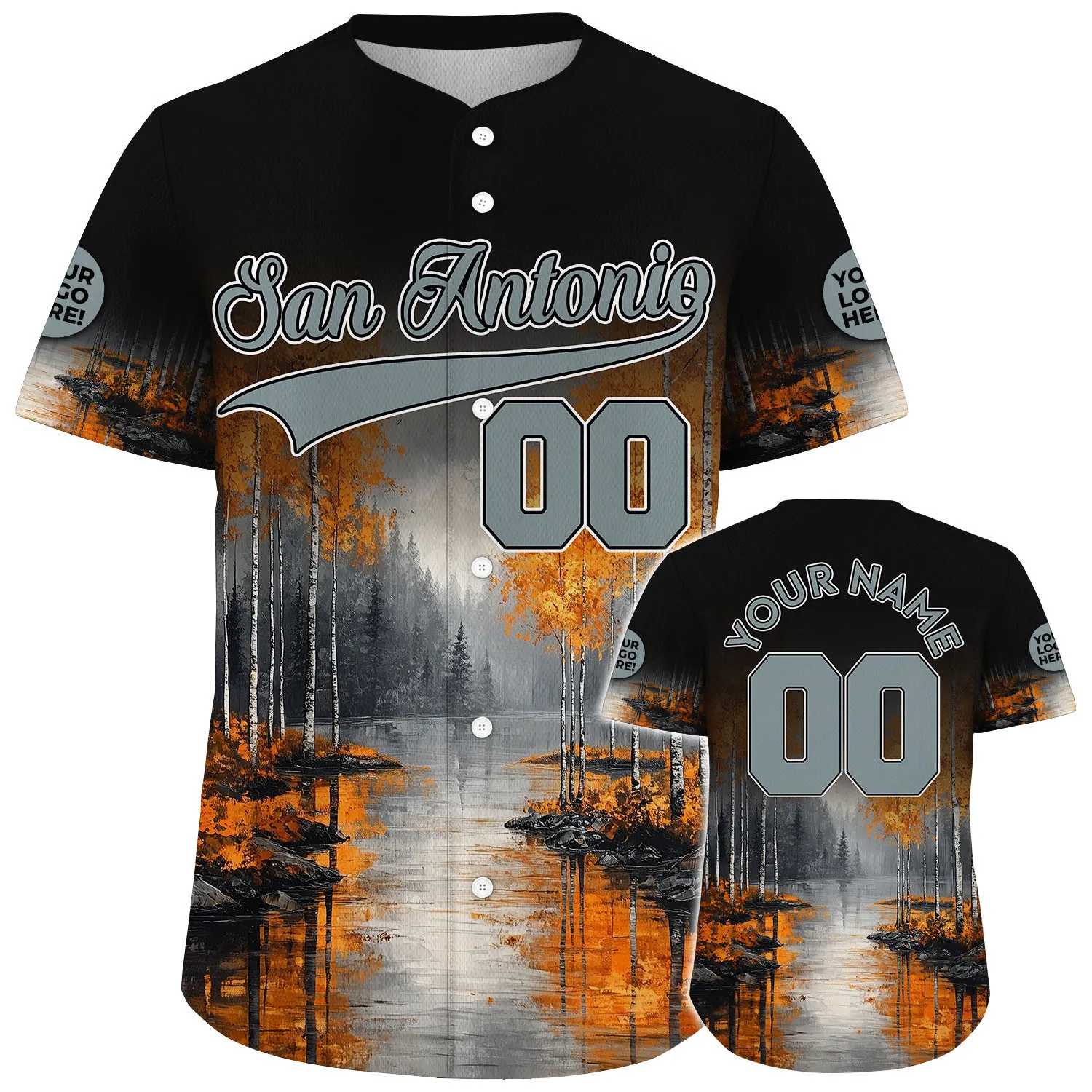 Silver Black San Antonio Texas Peaceful Autumn River Custom Name Baseball Jerseys For Men & Women