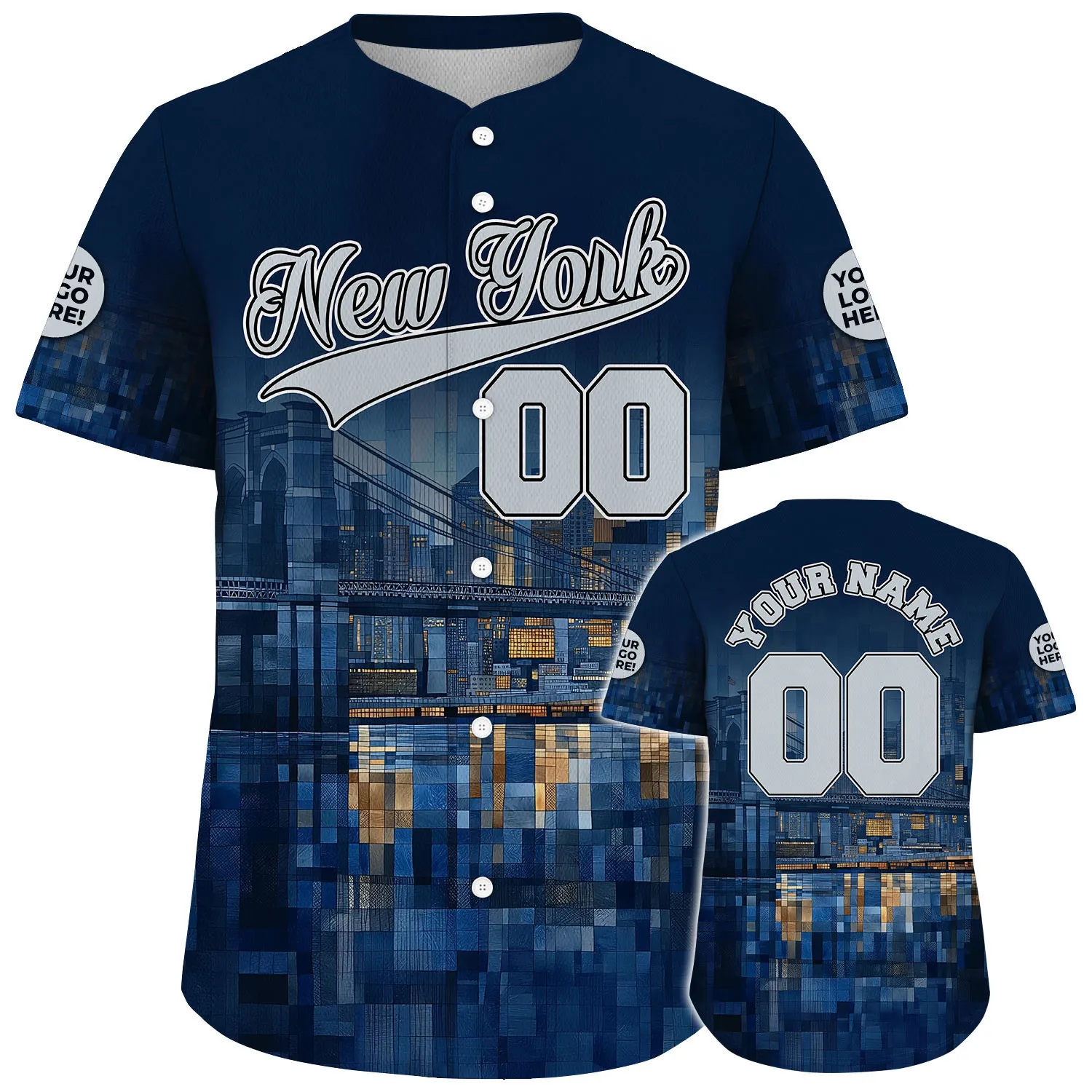 Grey Navy New York Brooklyn Bridge Tranquil Night Geomeotric Mosaic Style Custom Name Baseball Jerseys For Men & Women