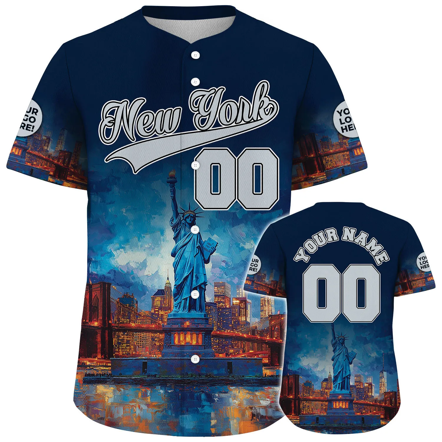 Grey Navy New York Statue Of Liberty Brooklyn Bridge Golden Night Custom Name Baseball Jerseys For Men & Women