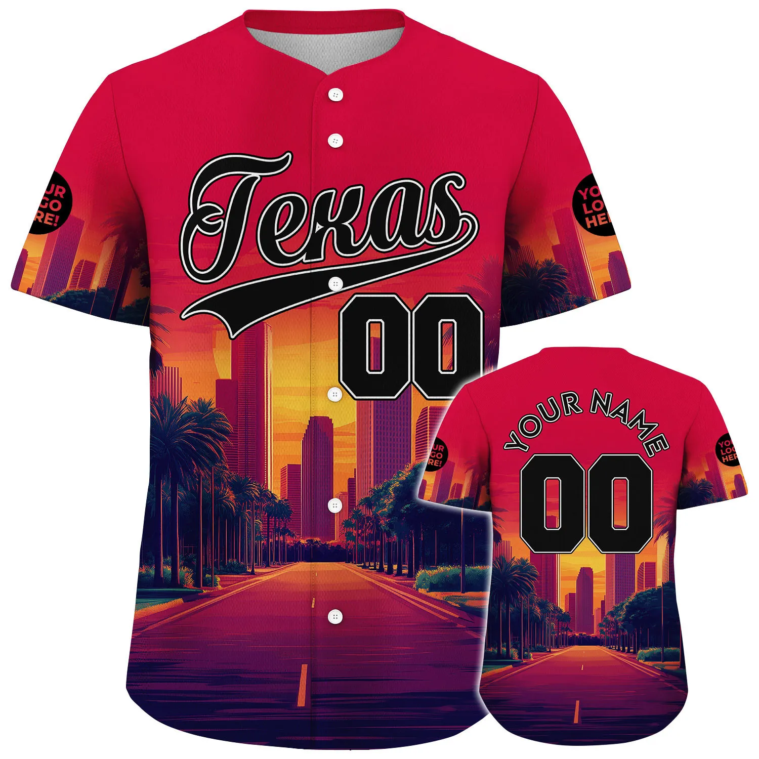 Black Red Texas City Sunset Avenue Custom Name Baseball Jerseys For Men & Women