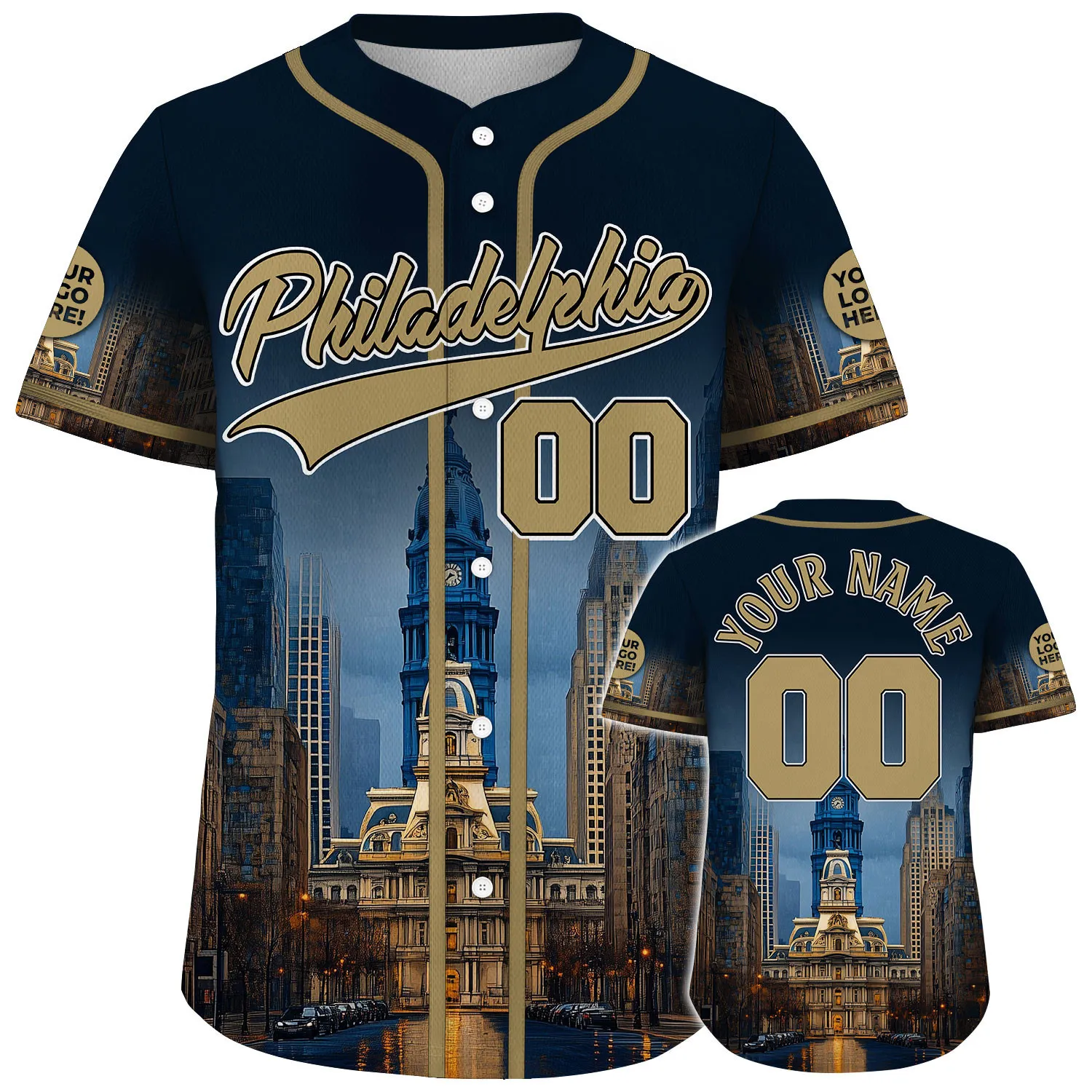 Gold Black Philadelphia Pennsylvania City Hall Tranquil Night Custom Name Baseball Jerseys For Men & Women