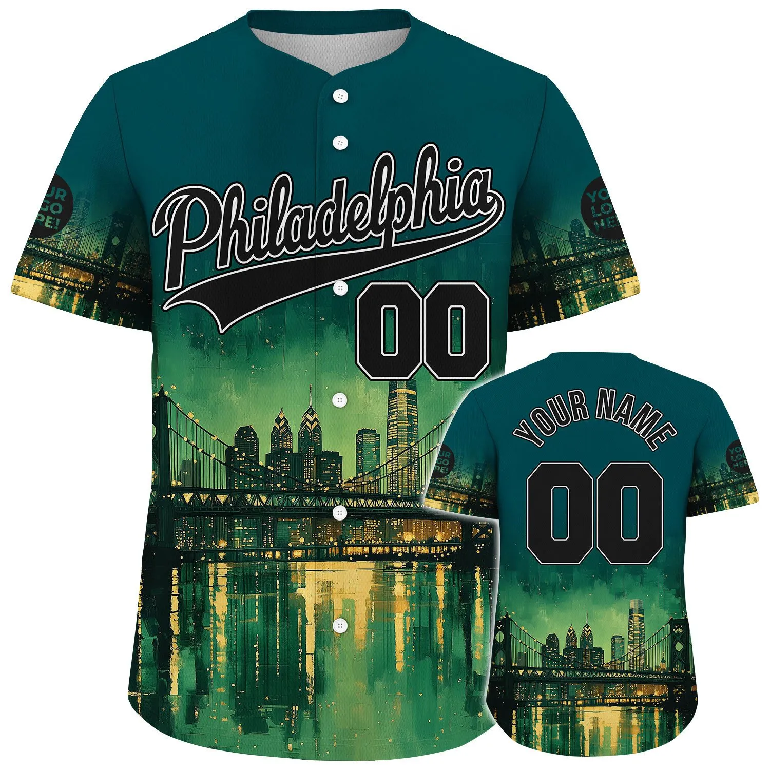 Black Midnight Green Philadelphia Pennsylvania City Fort Pitt Bridge Liberty Place Towers Starry Night Custom Name Baseball Jerseys For Men & Women