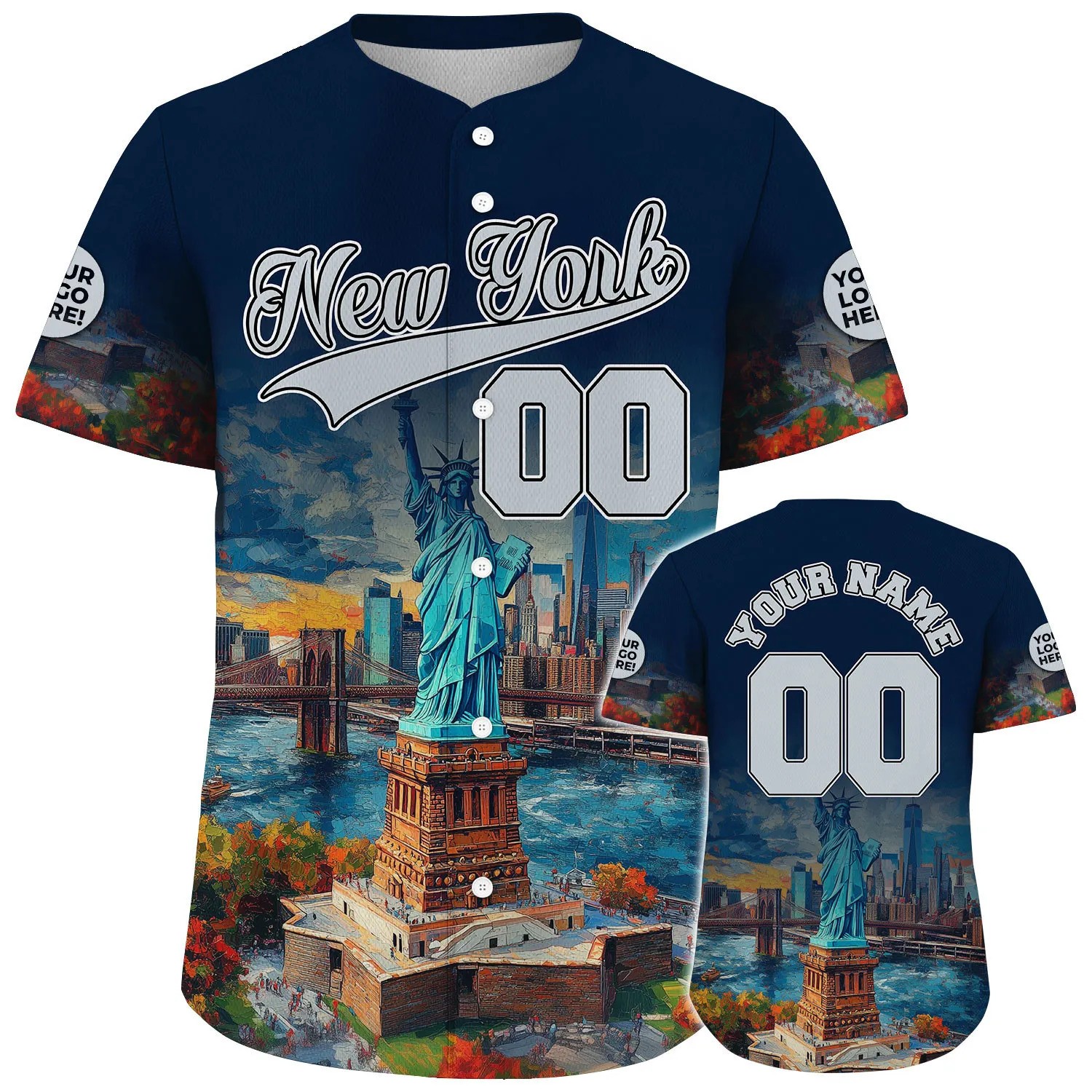 Grey Navy New York Statue Of Liberty Brooklyn Bridge Summer Vibe Custom Name Baseball Jerseys For Men & Women