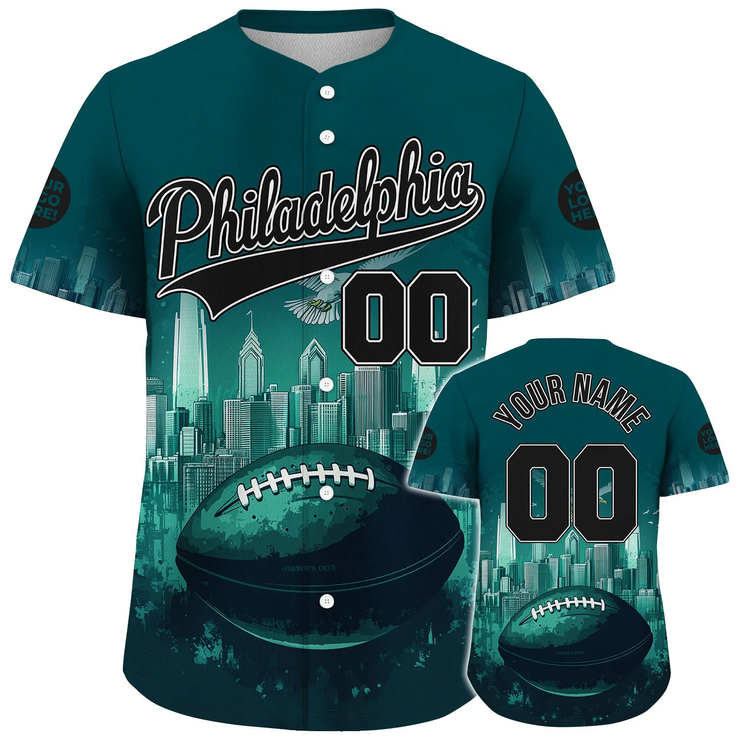 Black Midnight Green Philadelphia Pennsylvania Rugby Ball Eagle Fly City Custom Name Baseball Jerseys For Men & Women