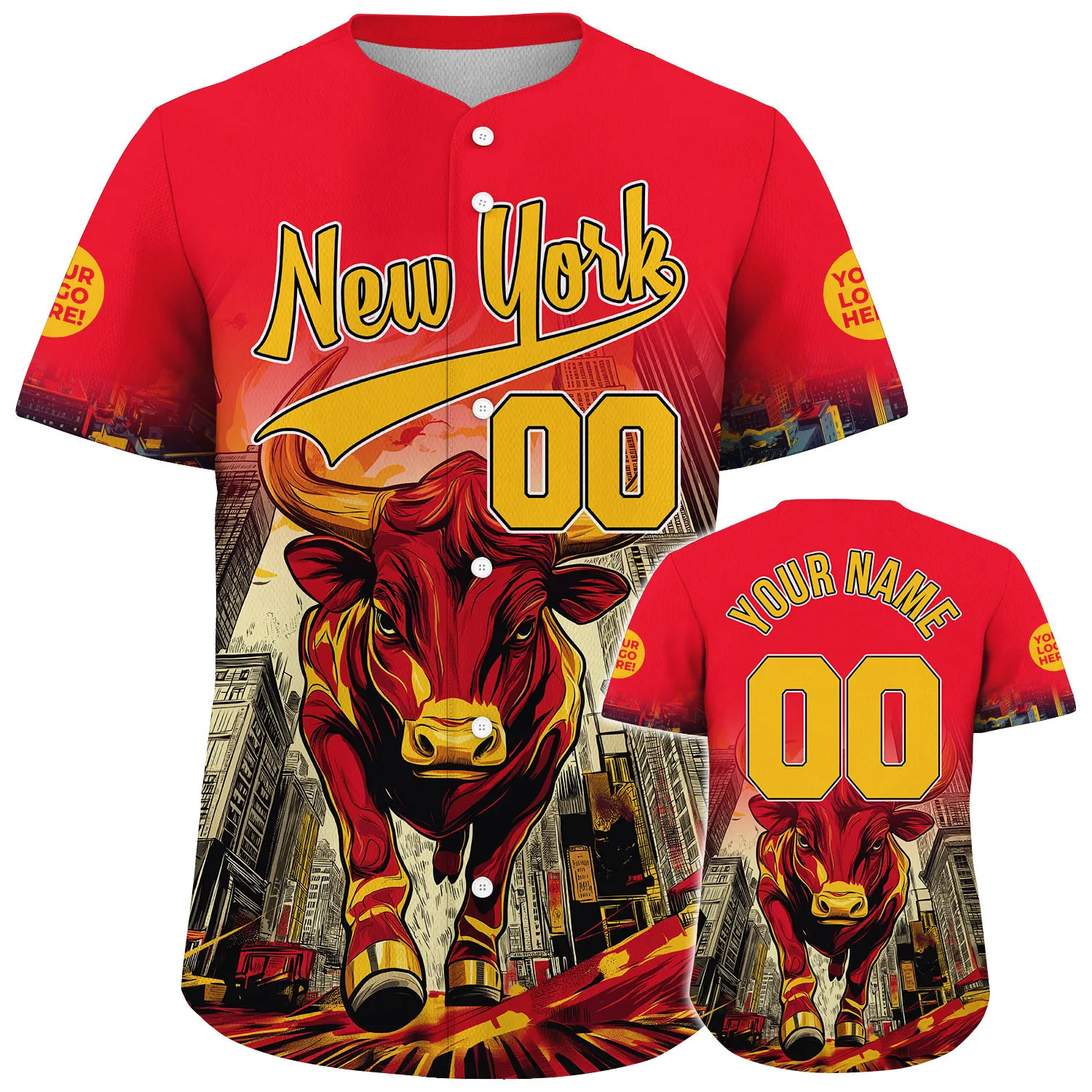 Yellow Red New York Crazy Bull In City Custom Name Baseball Jerseys For Men & Women