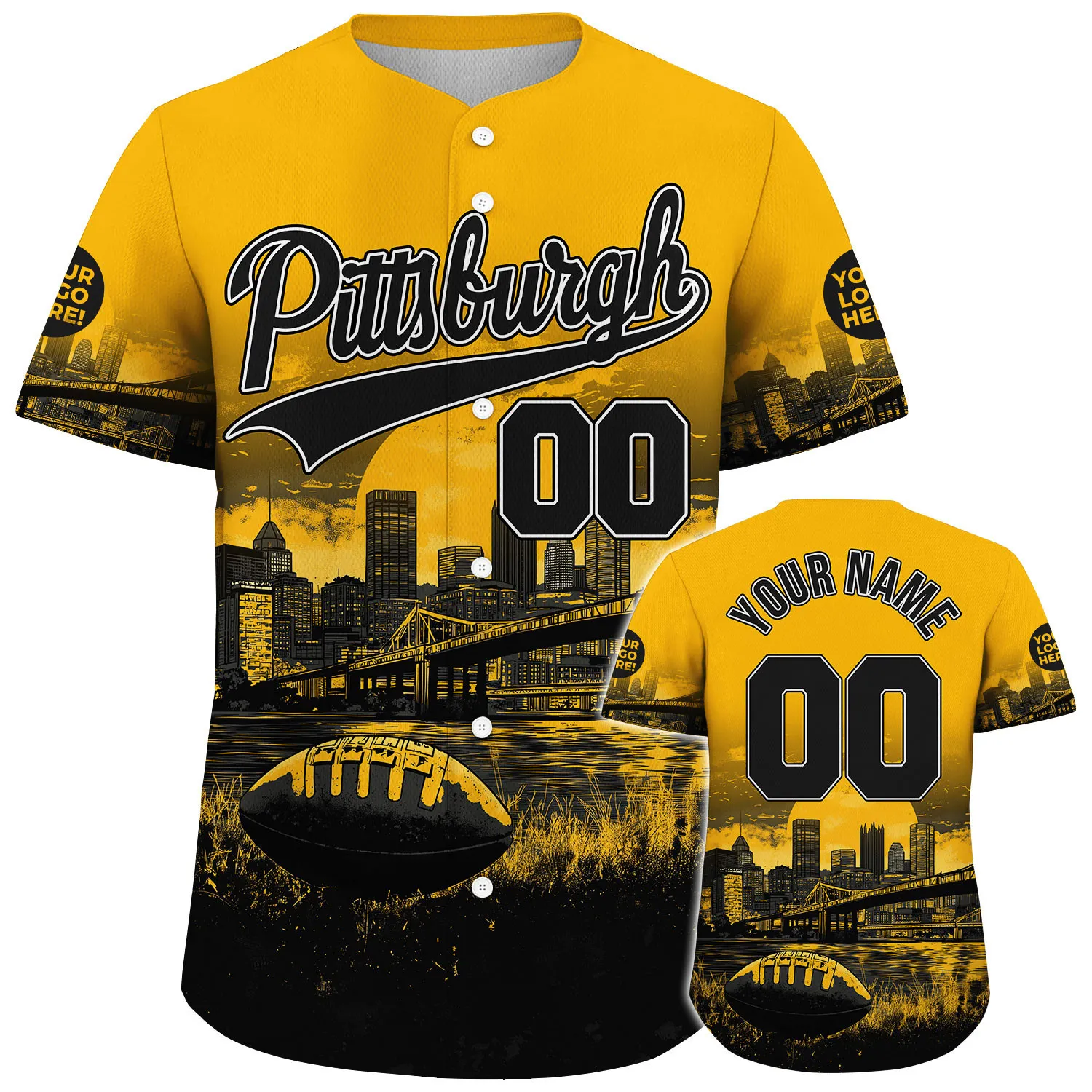 Black Gold Pittsburgh Pennsylvania Roberto Clemente Bridge US Steel Tower Custom Name Baseball Jerseys For Men & Women