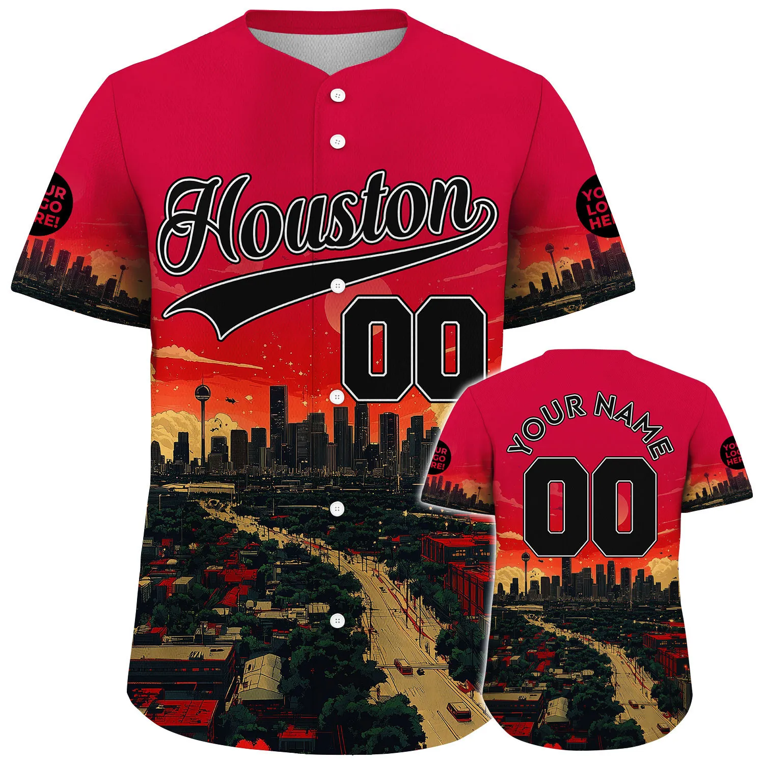 Black Red Houston Texas City In Sunset Avenue View Custom Name Baseball Jerseys For Men & Women