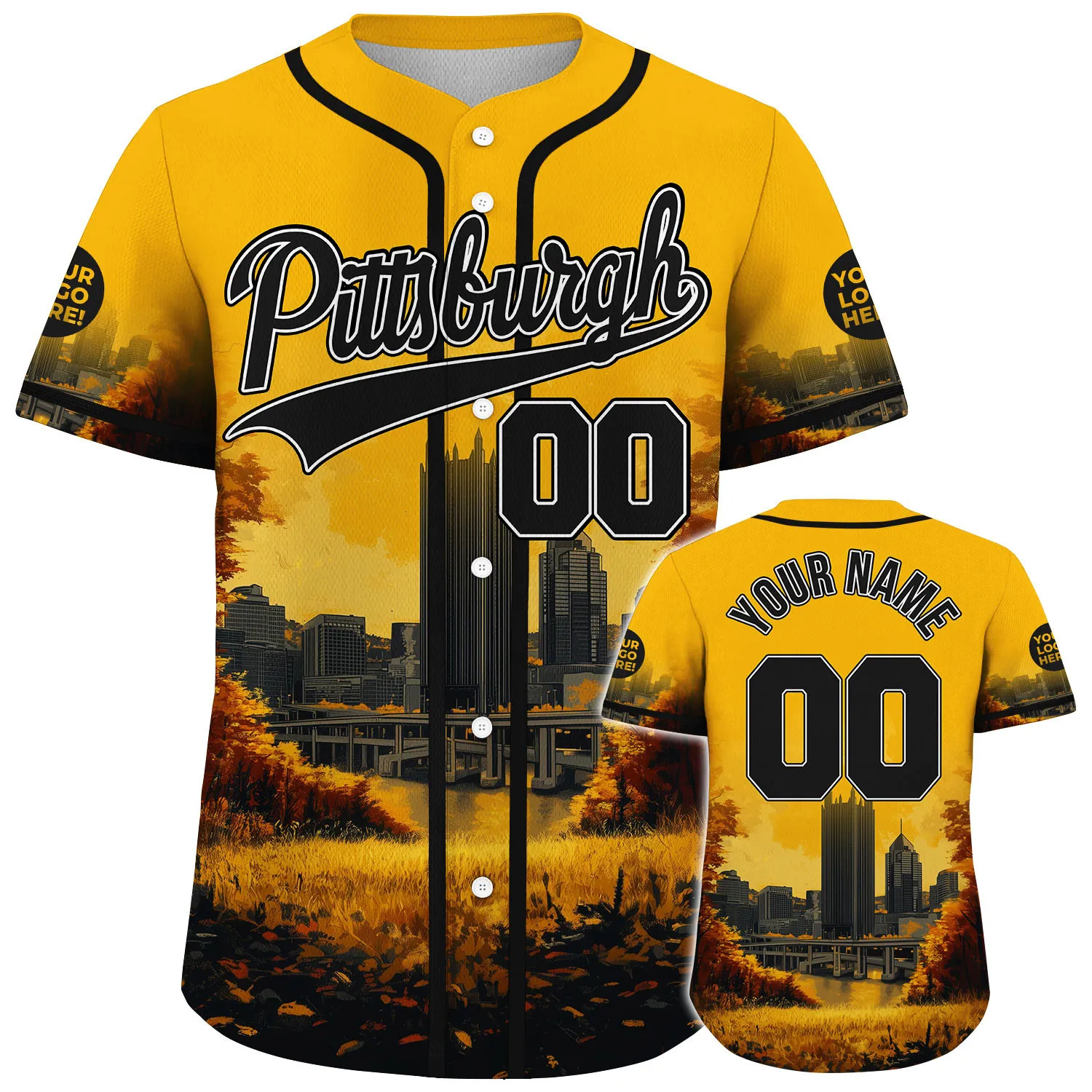 Black Gold Pittsburgh Pennsylvania Roberto Clemente Bridge PPG Place Custom Name Baseball Jerseys For Men & Women